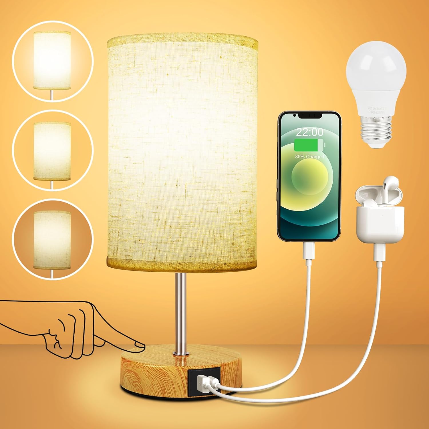 Suright Touch Control Bedside Lamps, 3-Way Dimmable Table Lamp with USB A+C Char...