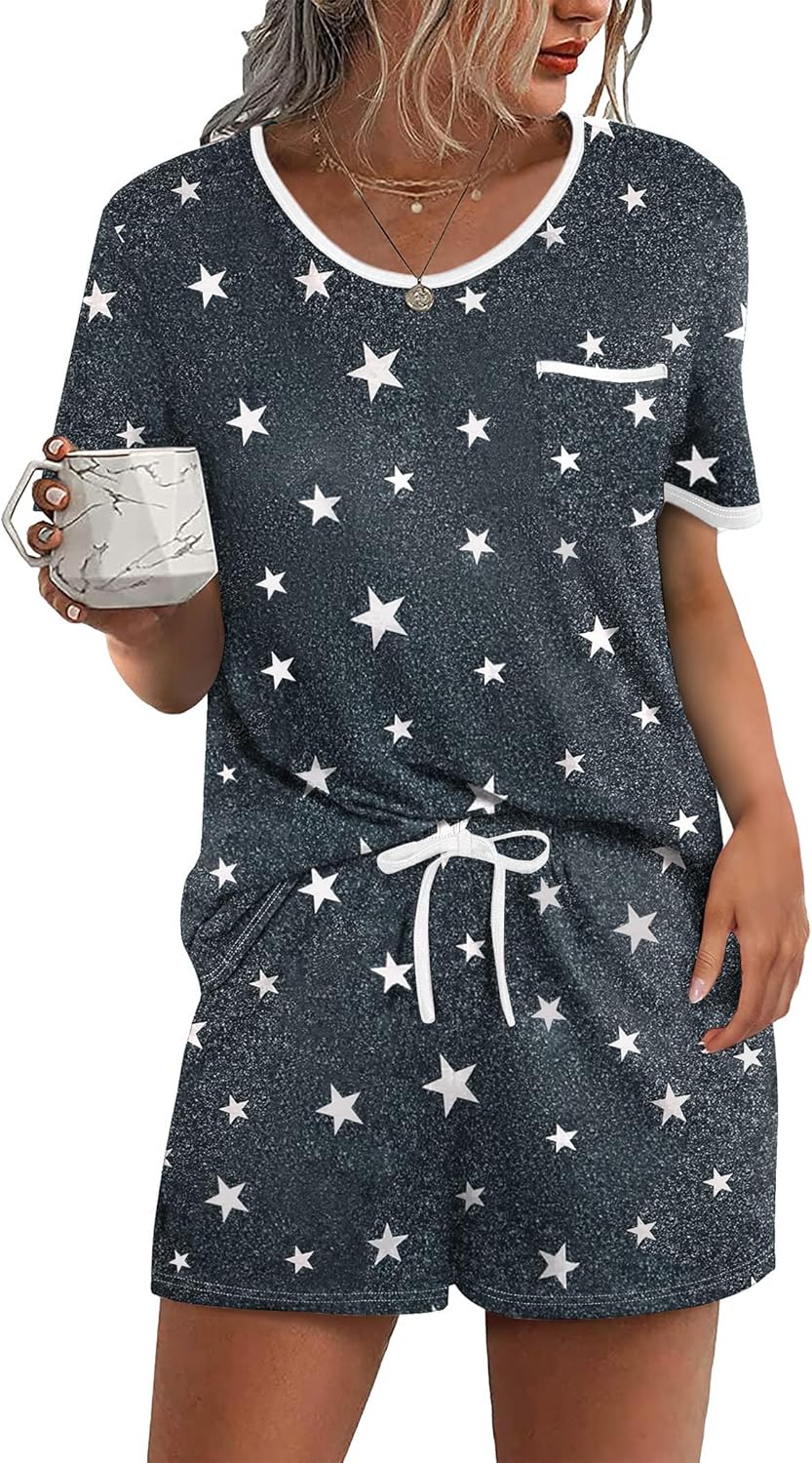 Ekouaer Pajama Set for Women 2 Piece Lounge Set Short Sleeve Tops and Shorts Sof...