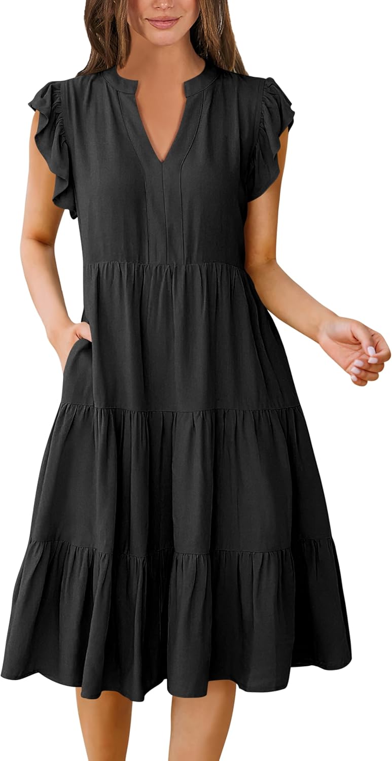 ANRABESS Womens Summer Dress Ruffle Sleeve V Neck Midi Dresses Fashion Casual Fi...