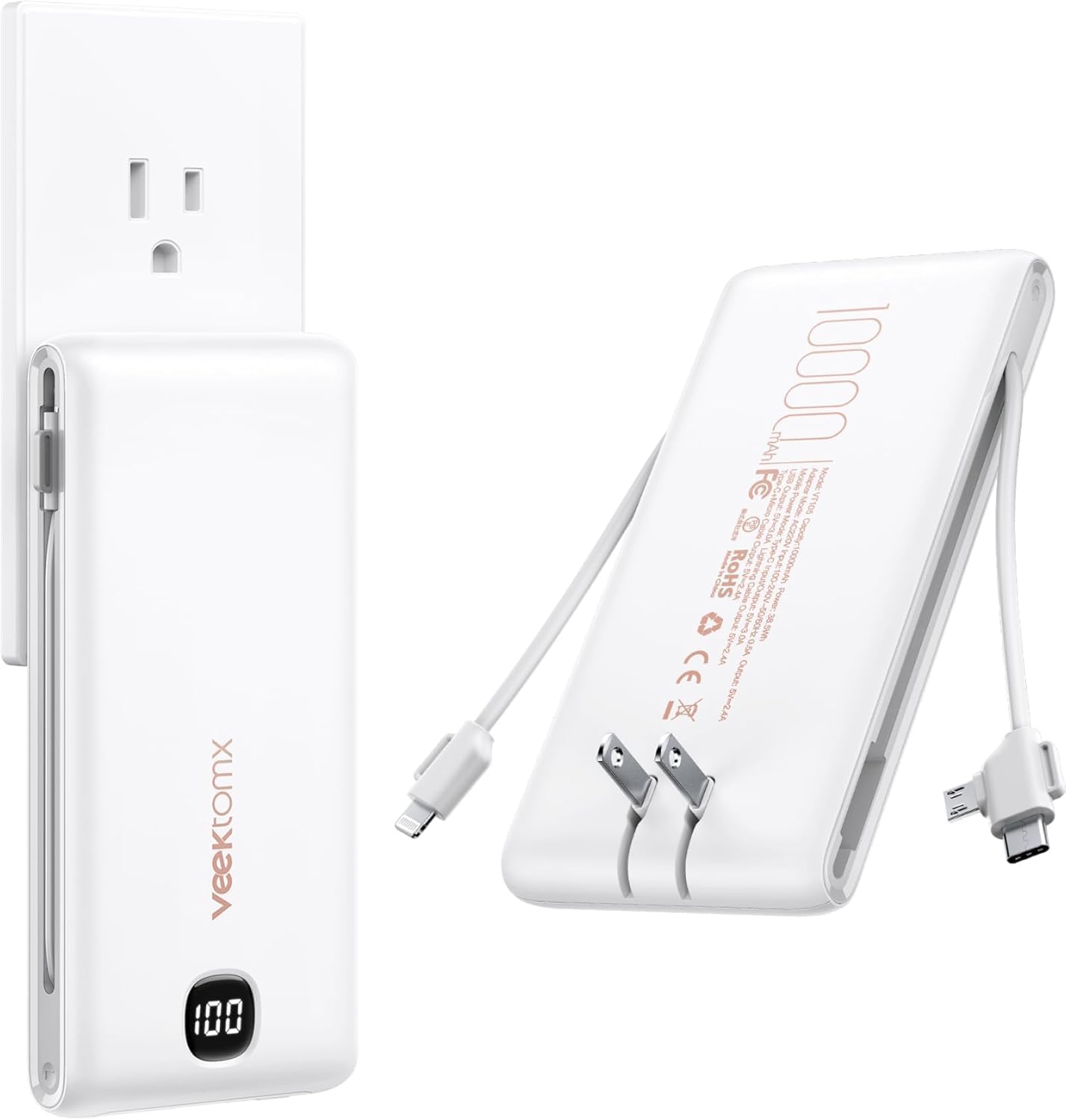 VEEKTOMX Portable Charger with Built in Cables 10000mAh, Power Bank for iPhone w...
