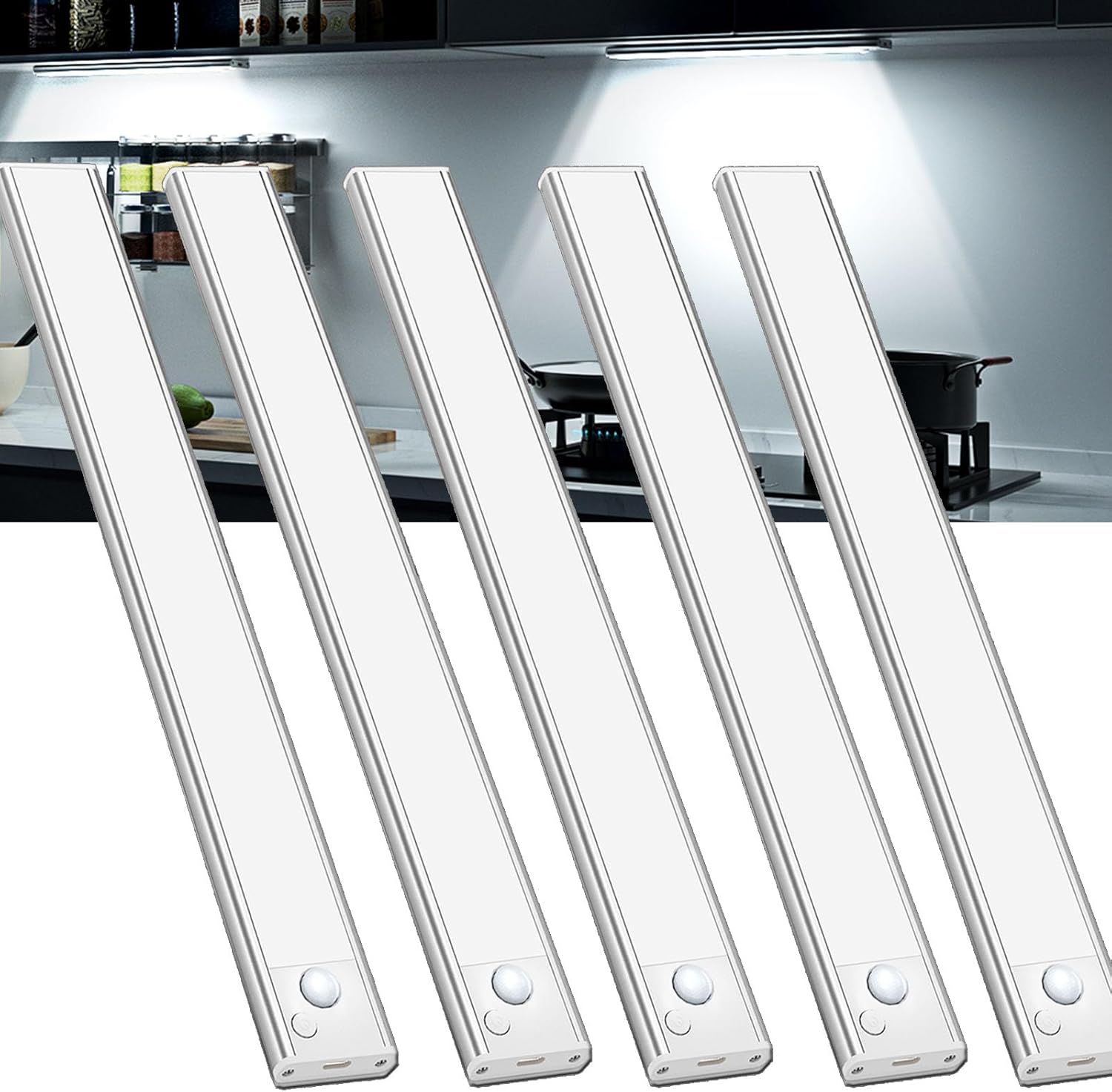 JEKEMORYE Under Cupboard Kitchen Lights LED - White 20CM 5 Pack - with 3 USB Cab...