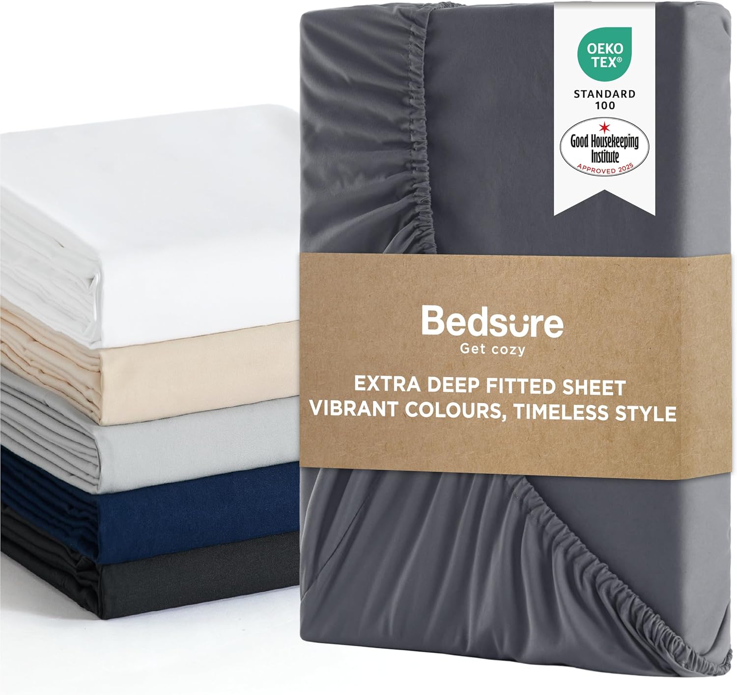 Bedsure Double Fitted Sheet Deep - Bed Sheets Extra Deep Pocket 16 Inches (40 cm...