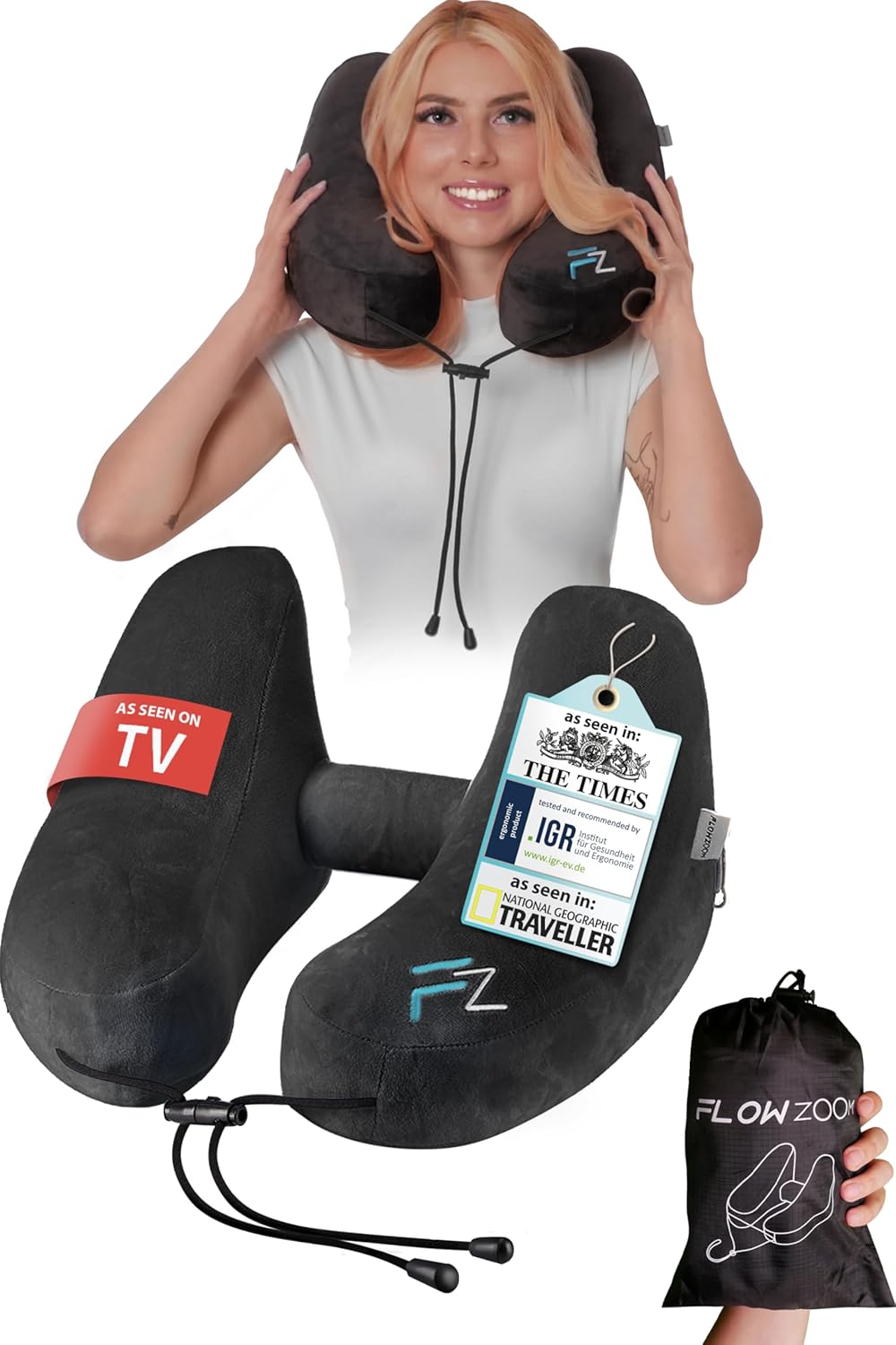 FLOWZOOM Air Inflatable Neck Pillow for Travel – H-Shape Airplane Pillow with 5...
