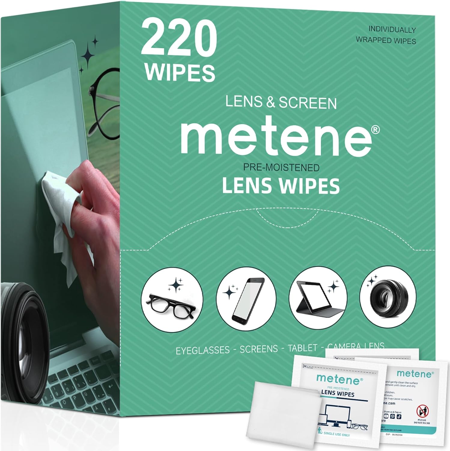Metene 220 Pack Lens Cleaning Wipes, Pre-Moistened and Individually Wrapped Eyeg...