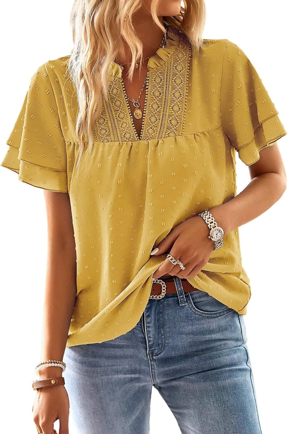 Chic Women's Tops with Butterfly Sleeves, Stylish V Neck Blouses for Women, Flat...