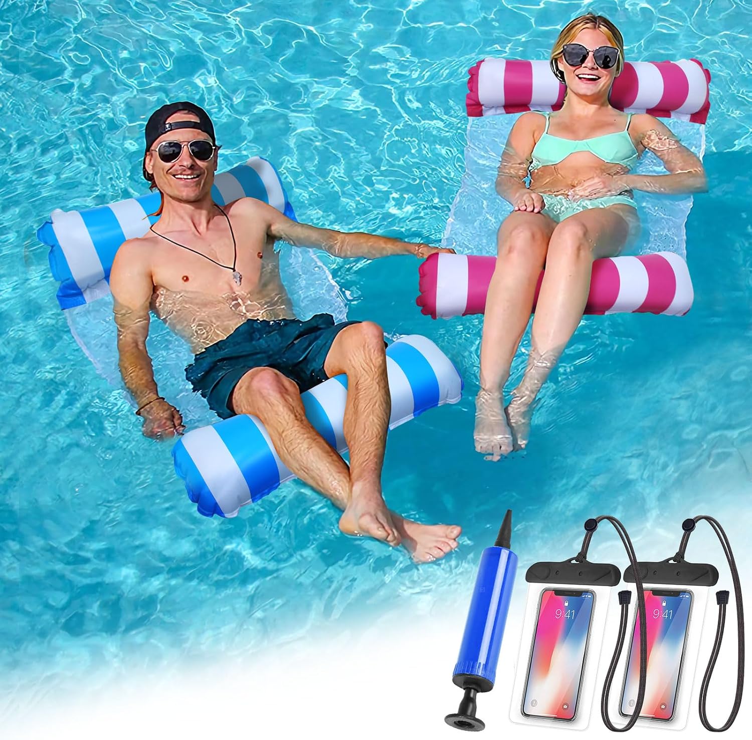 HALOVIE 2 Pack Inflatable Pool Floats Hammock 4-in...