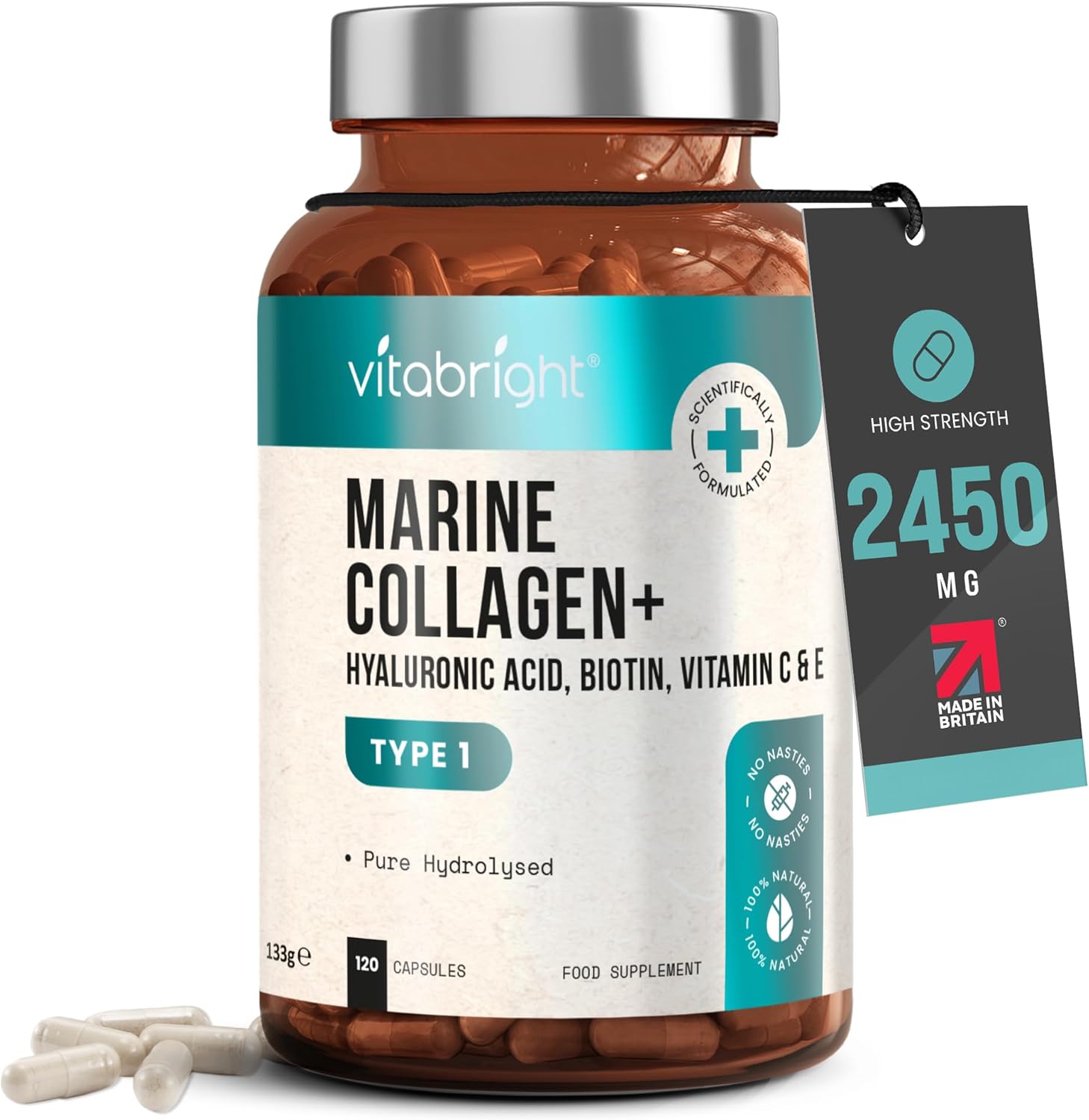 Pure Marine Collagen Capsules With Hyaluronic Acid Vitamin C, 2450mg 120 Collage...