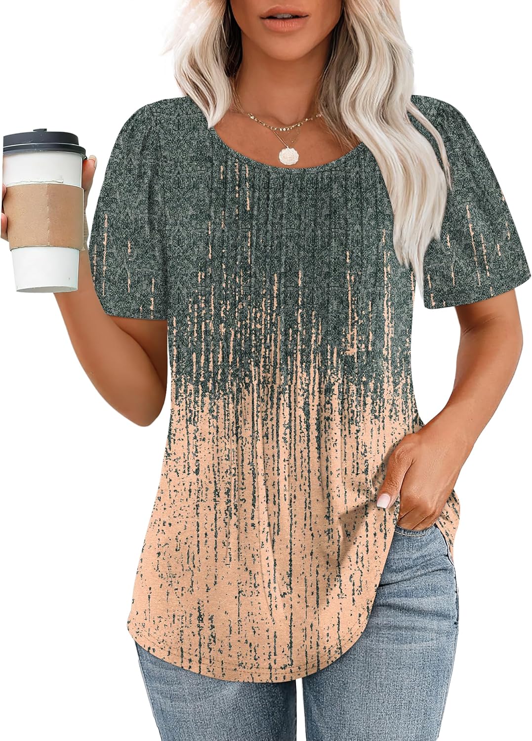 OFEEFAN Womens T Shirts Short Sleeve Pleated Dressy Casual Scooped Neck Summer T...