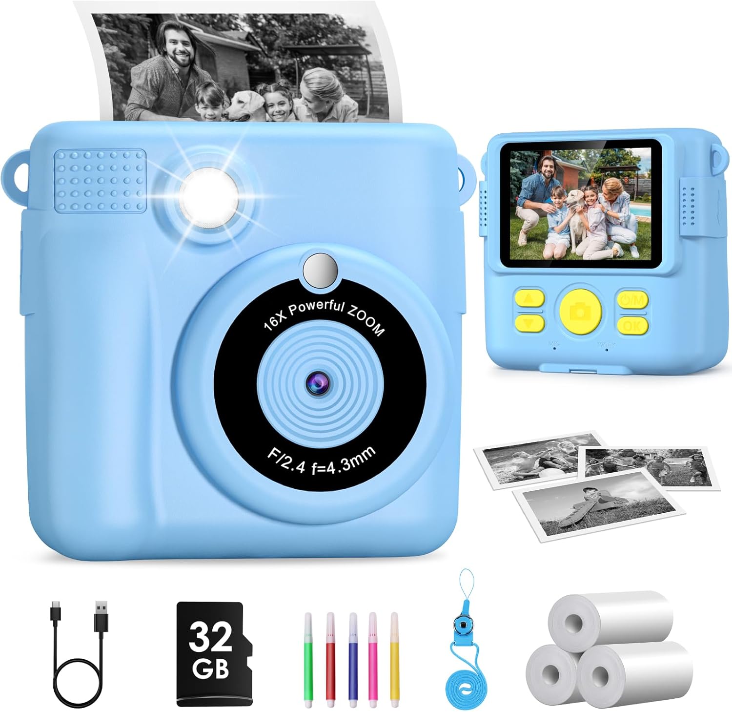 GREENKINDER Kids Camera Instant Print, 2.4'' Instant for Kids with 32GB Card & 3...