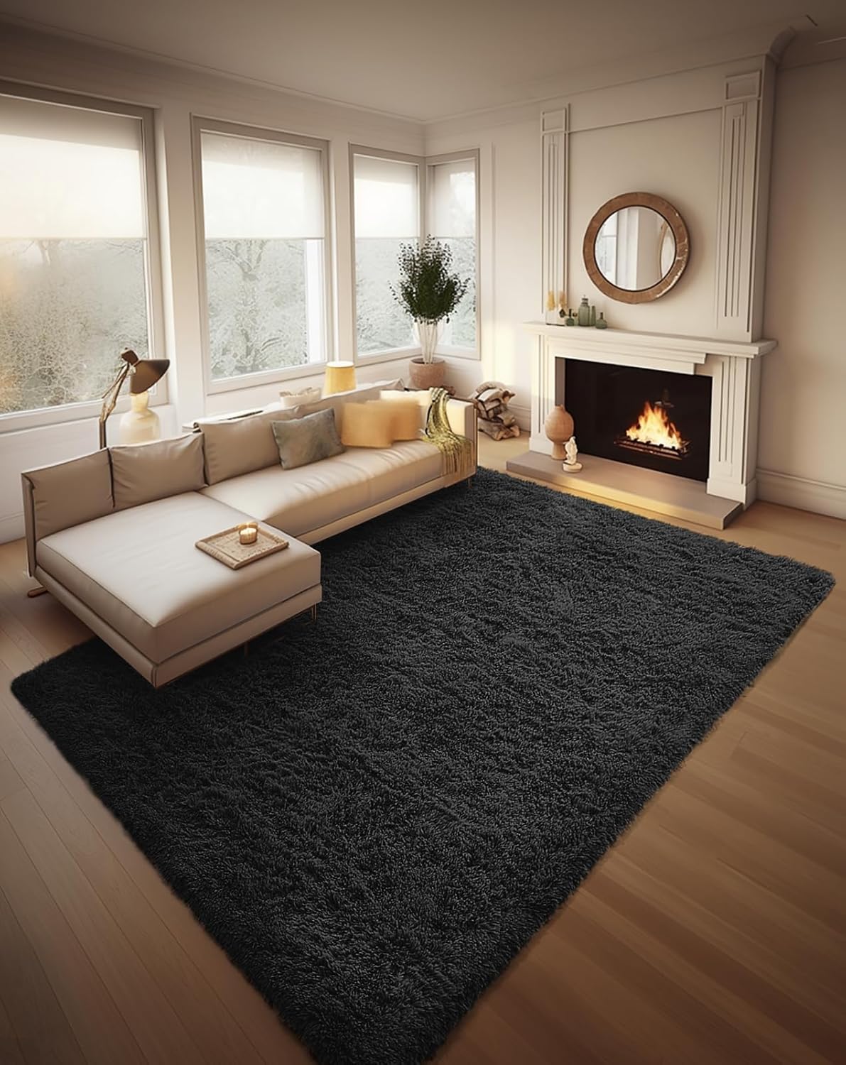 Ophanie 8x10 Black Area Rugs for Living Room, Large Shag Bedroom Carpet, Big Ind...