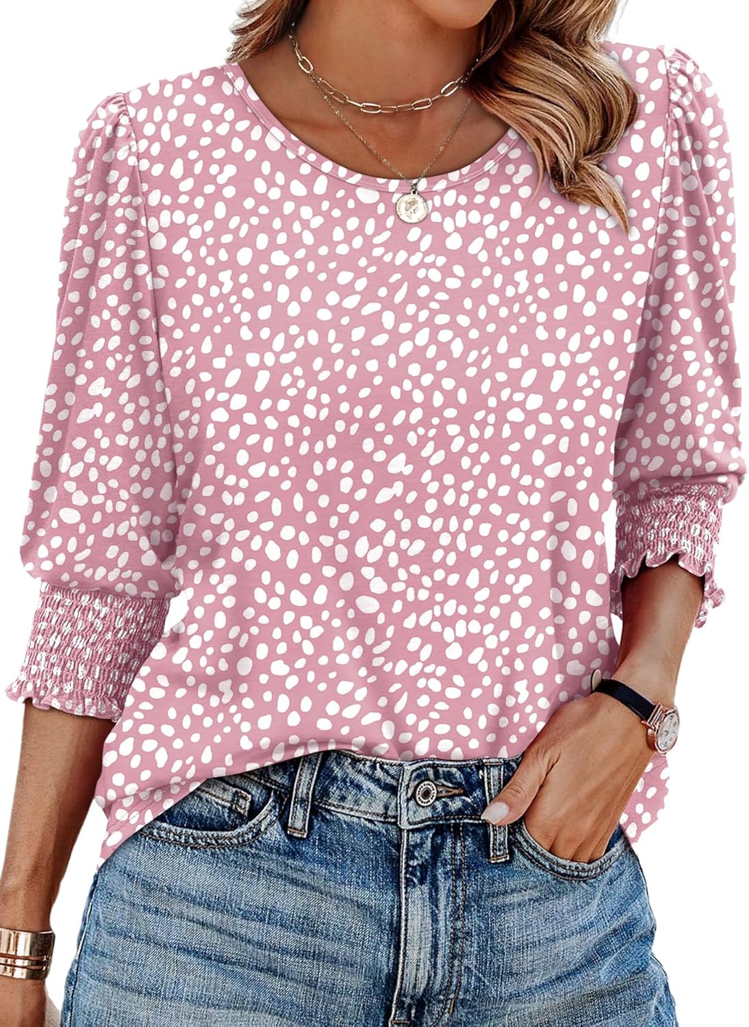 XIEERDUO Blouses for Women Dressy Casual 3/4 Length Sleeve Womens Tops with Smoc...