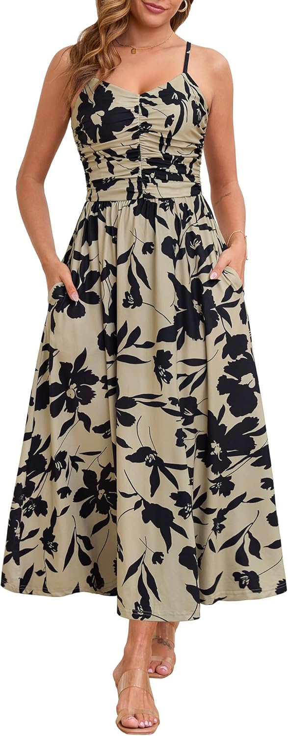 Annebouti Women Ruched Maxi Dress, Special Summer Fall Dress with Adjustable Spa...