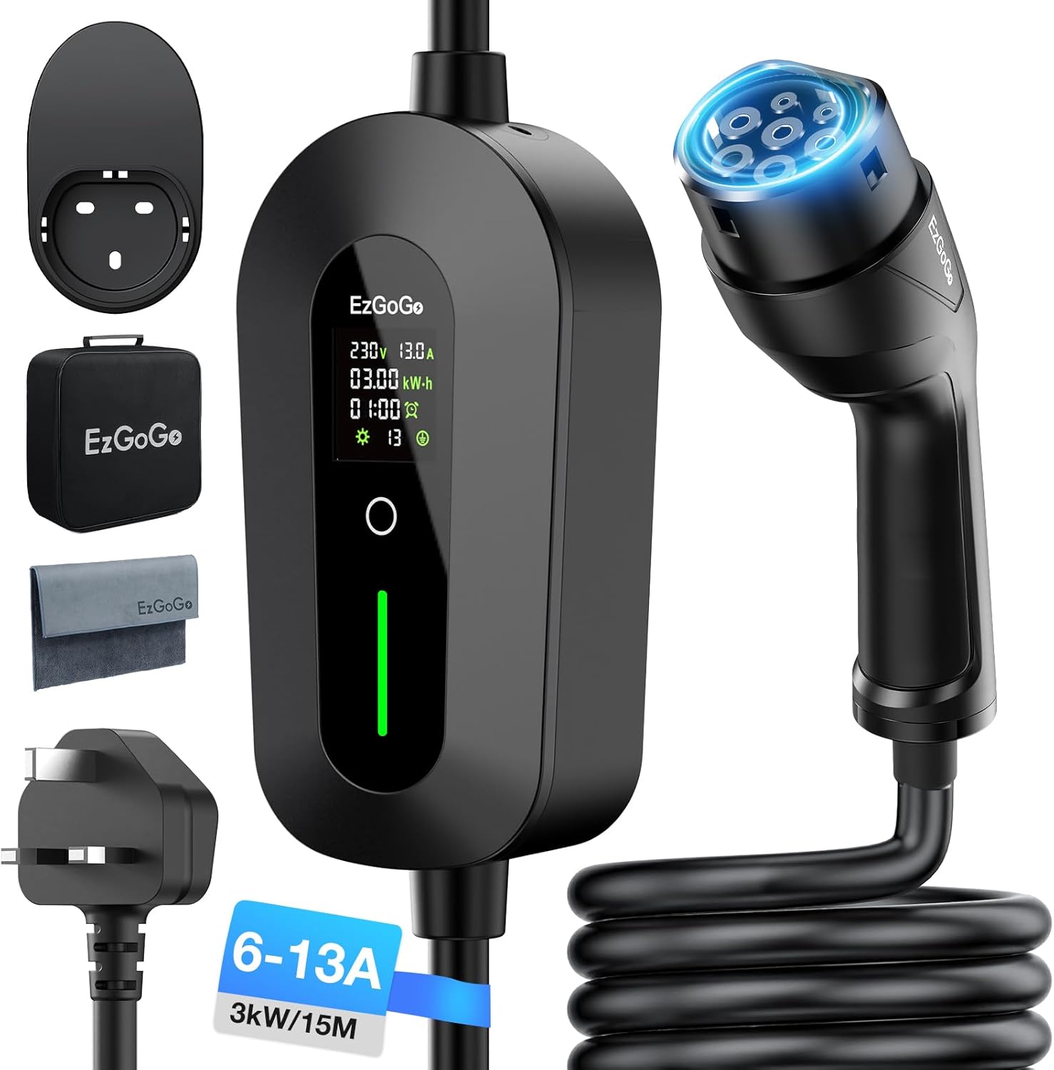 EzGoGo EV Charger Cable Type 2 to 3 Pin Plug 49.21Ft/15M Electric Car Charger 3k...