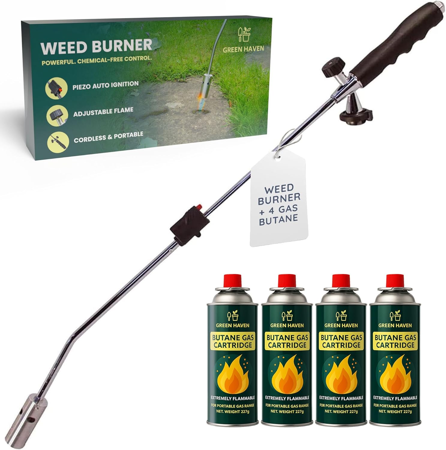 GREEN HAVEN Weed Burner with 4 Butane Gas Canister - Auto Ignition, Adjustable F...
