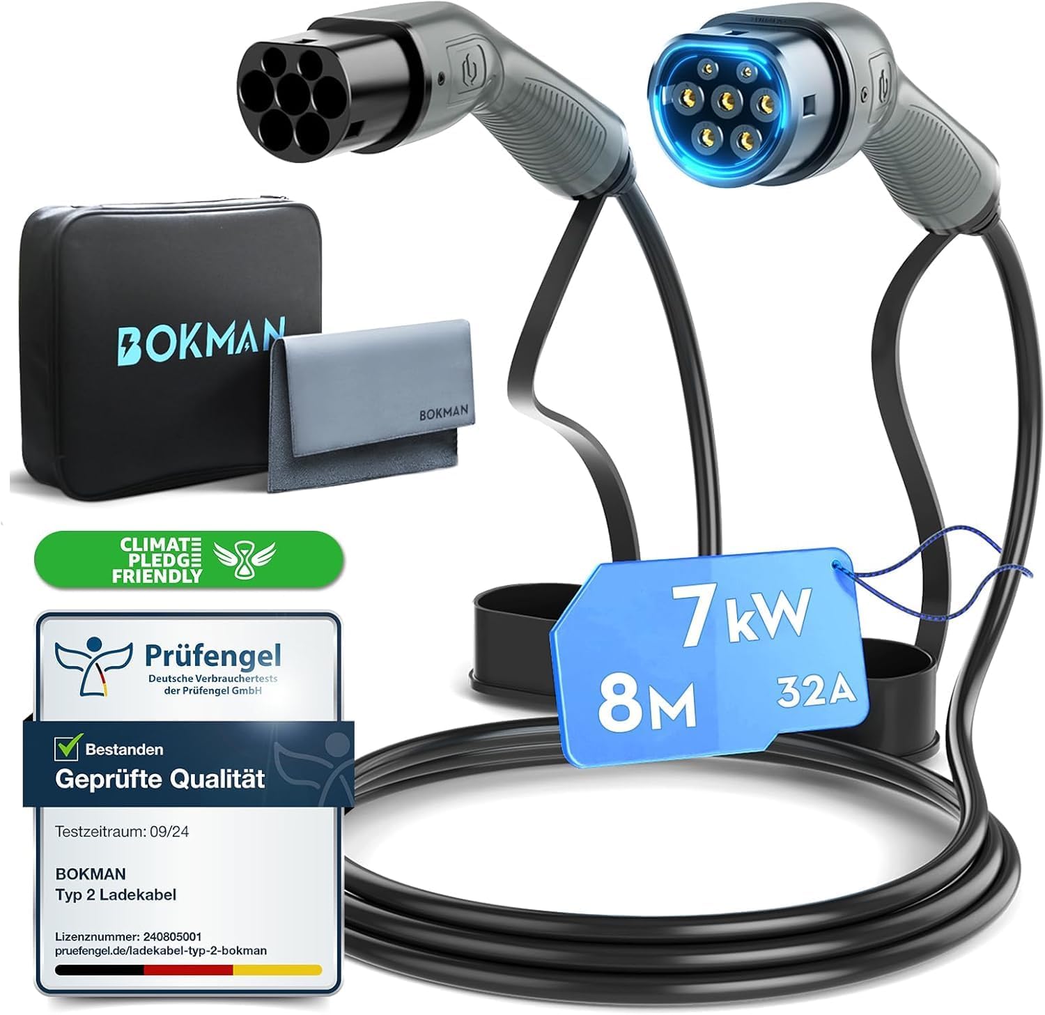 bokman Type 2 EV Charging Cable, Mode 3 / 32A / 7.2KW / 1 Phase / 8 Meter, Elect...