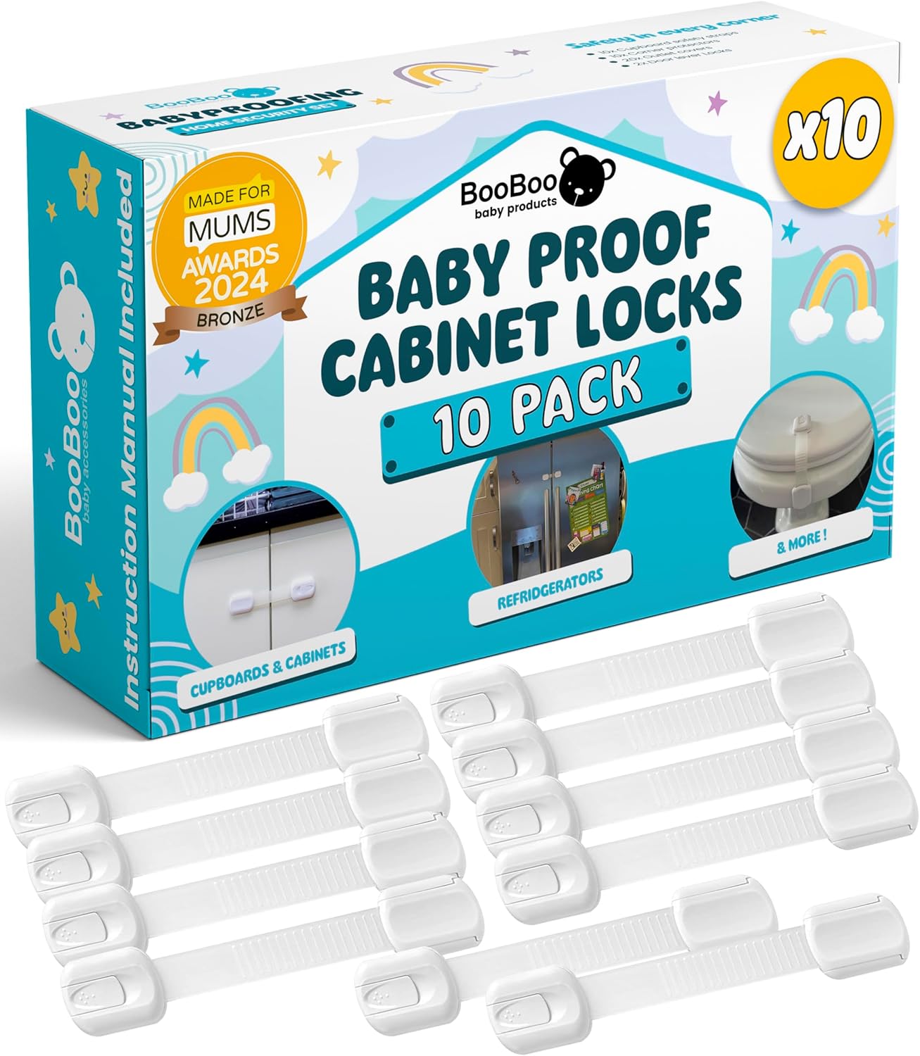 BooBoo® (10 PACK) Premium Child Locks For Kitchen Cupboards, Child Proof Cabinet...