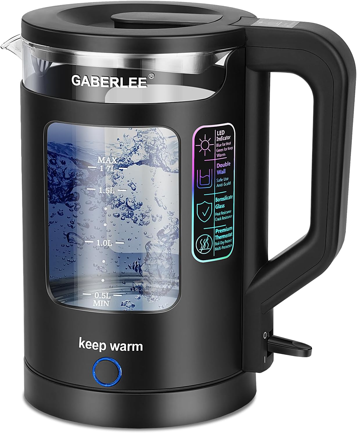 Electric Kettle, 1.7L, 3000W Fast Boil Quiet Glass Kettle with Keep Warm Functio...