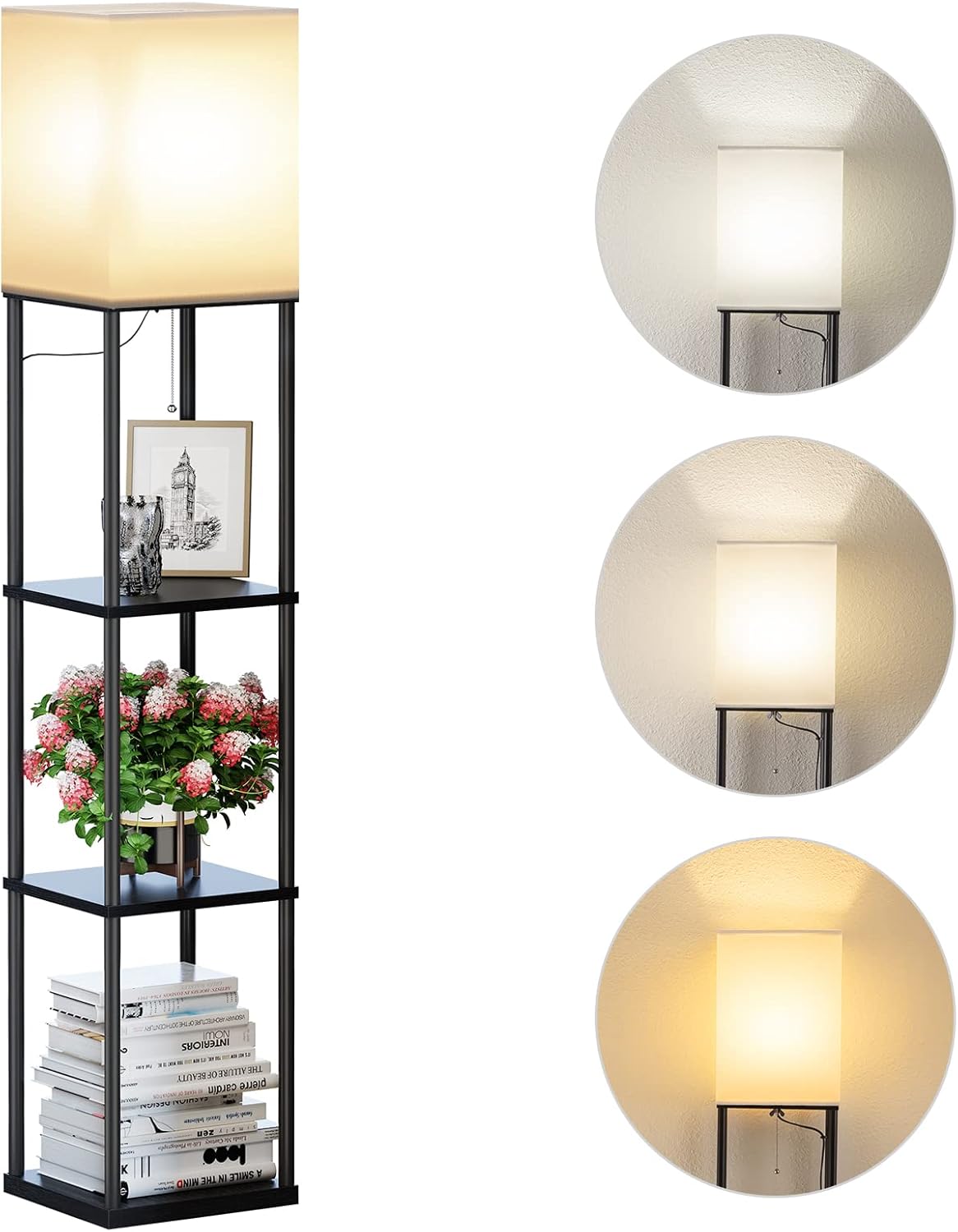 SUNMORY Floor Lamp with Shelves, Modern Square Standing Lamp with 3 Color Temper...