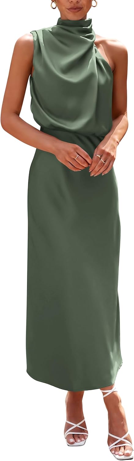 PRETTYGARDEN Women's 2025 Summer Satin Dress Elegant Sleeveless Mock Neck Cockta...