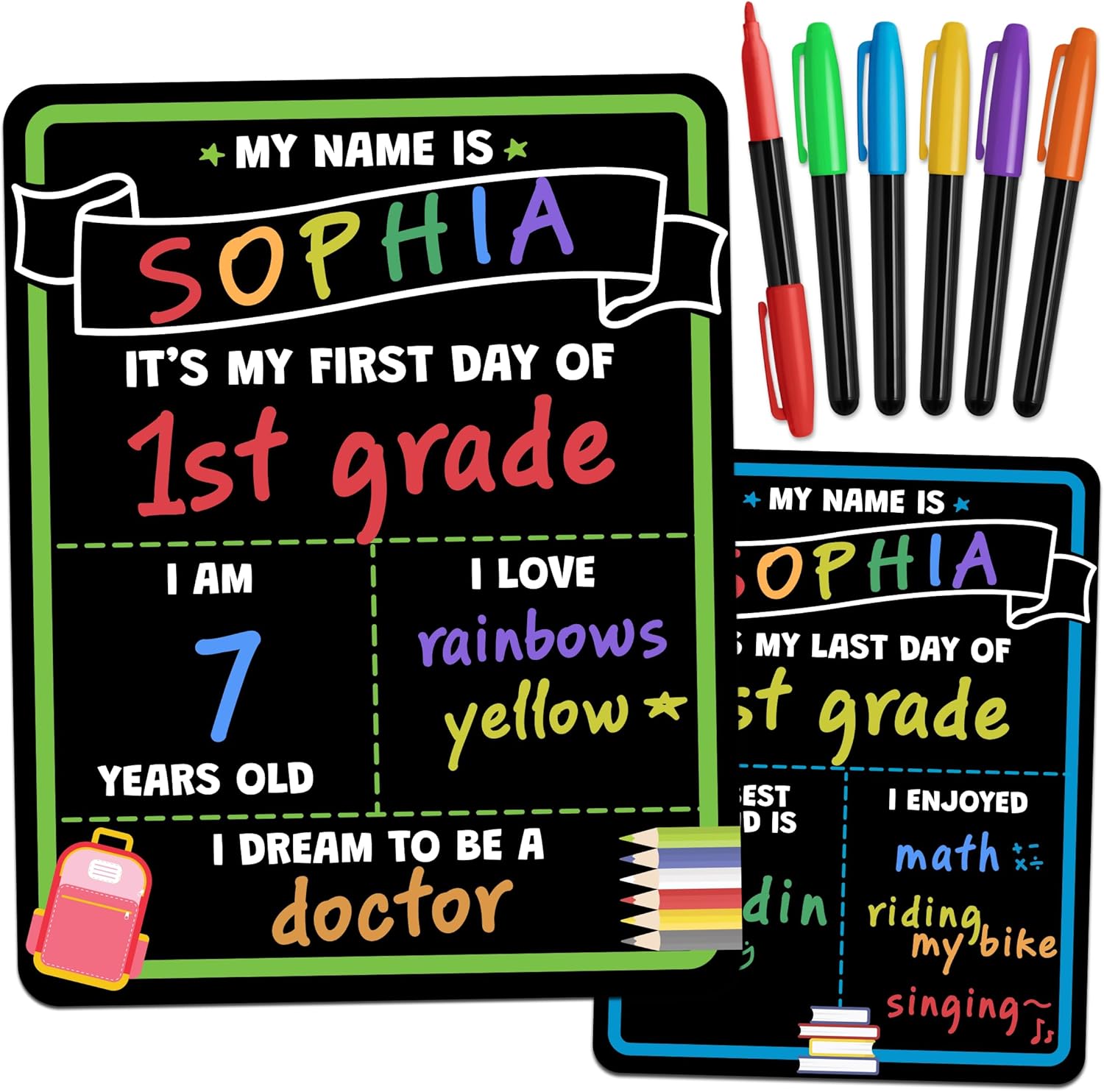 First Day of School Sign Board with Liquid Chalk Markers - 14”x11” Double-Sided...