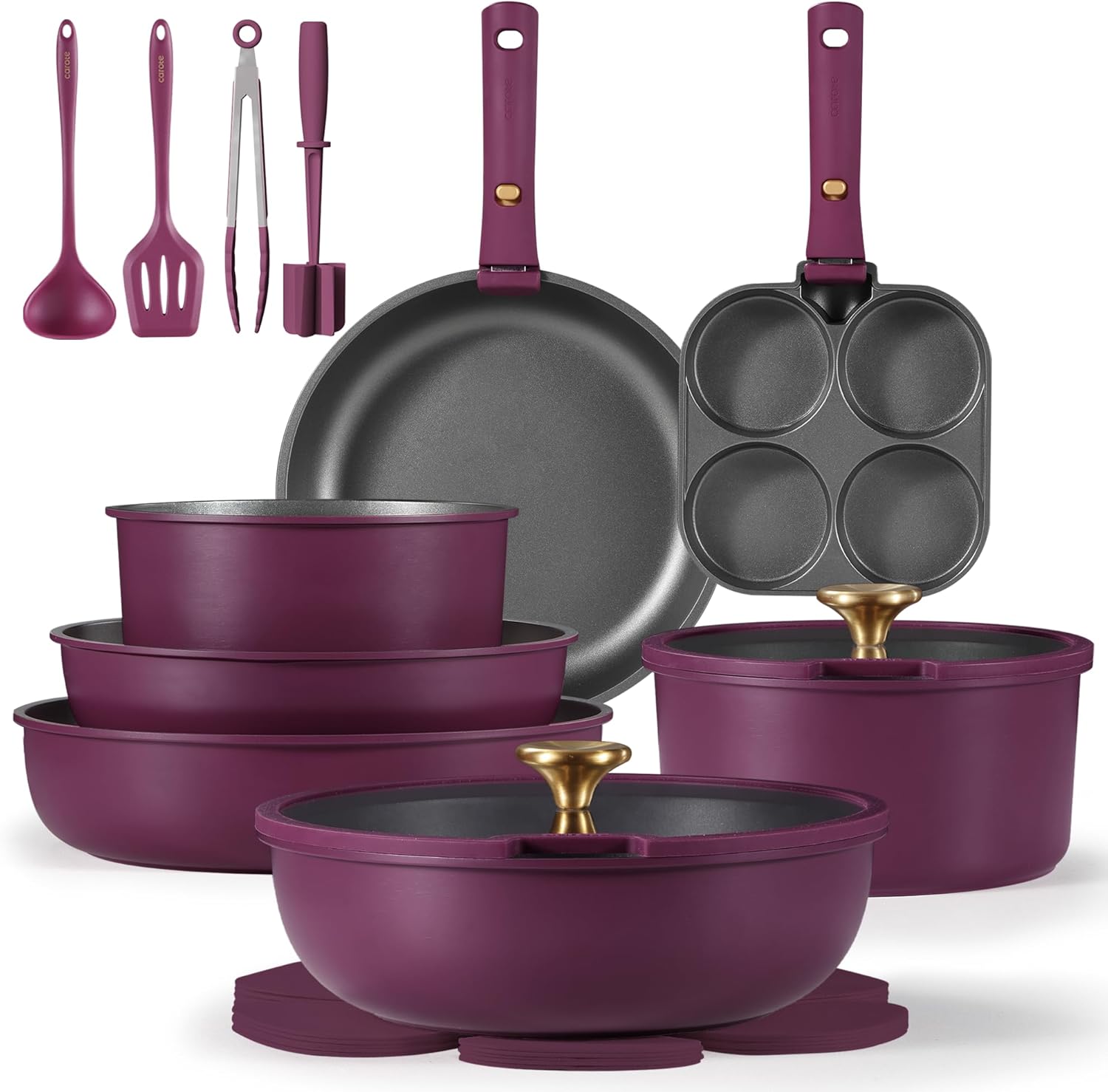 CAROTE 21pcs Pots and Pans Set, Nonstick Cookware Set Detachable Handle, Inducti...