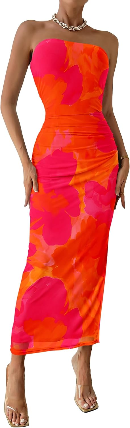 PRETTYGARDEN Women's Summer Maxi Bodycon Dresses Strapless Tube Top Slit Floral...