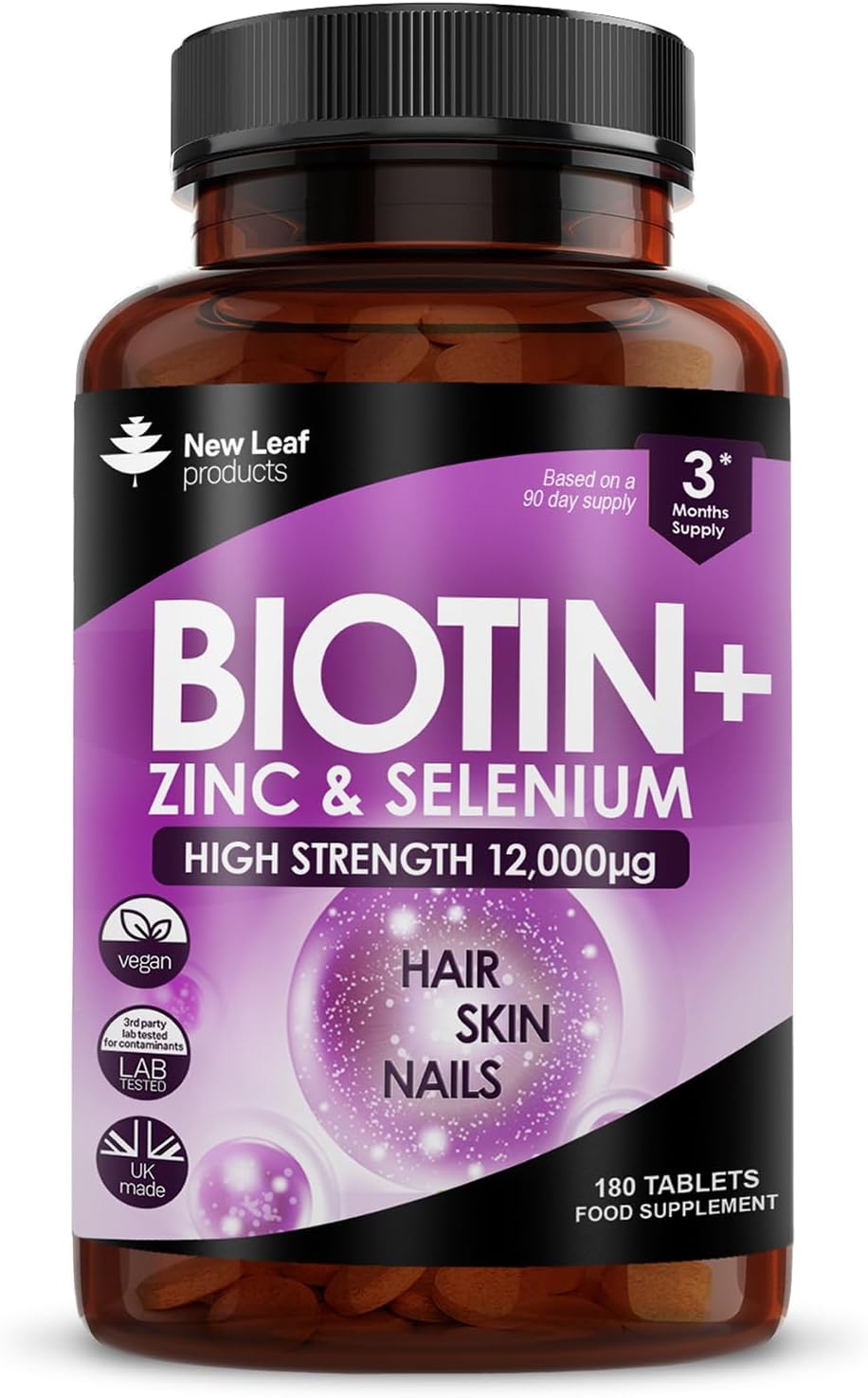 Biotin Hair Growth Vitamins 12,000mcg D-Biotin Tablets Enriched with Zinc & Sele...