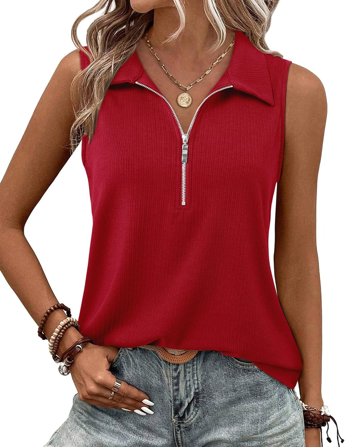 Stylish Vivilli Womens Ribbed Tank Top, Unique Zipper V Neck Dressy Casual Blous...