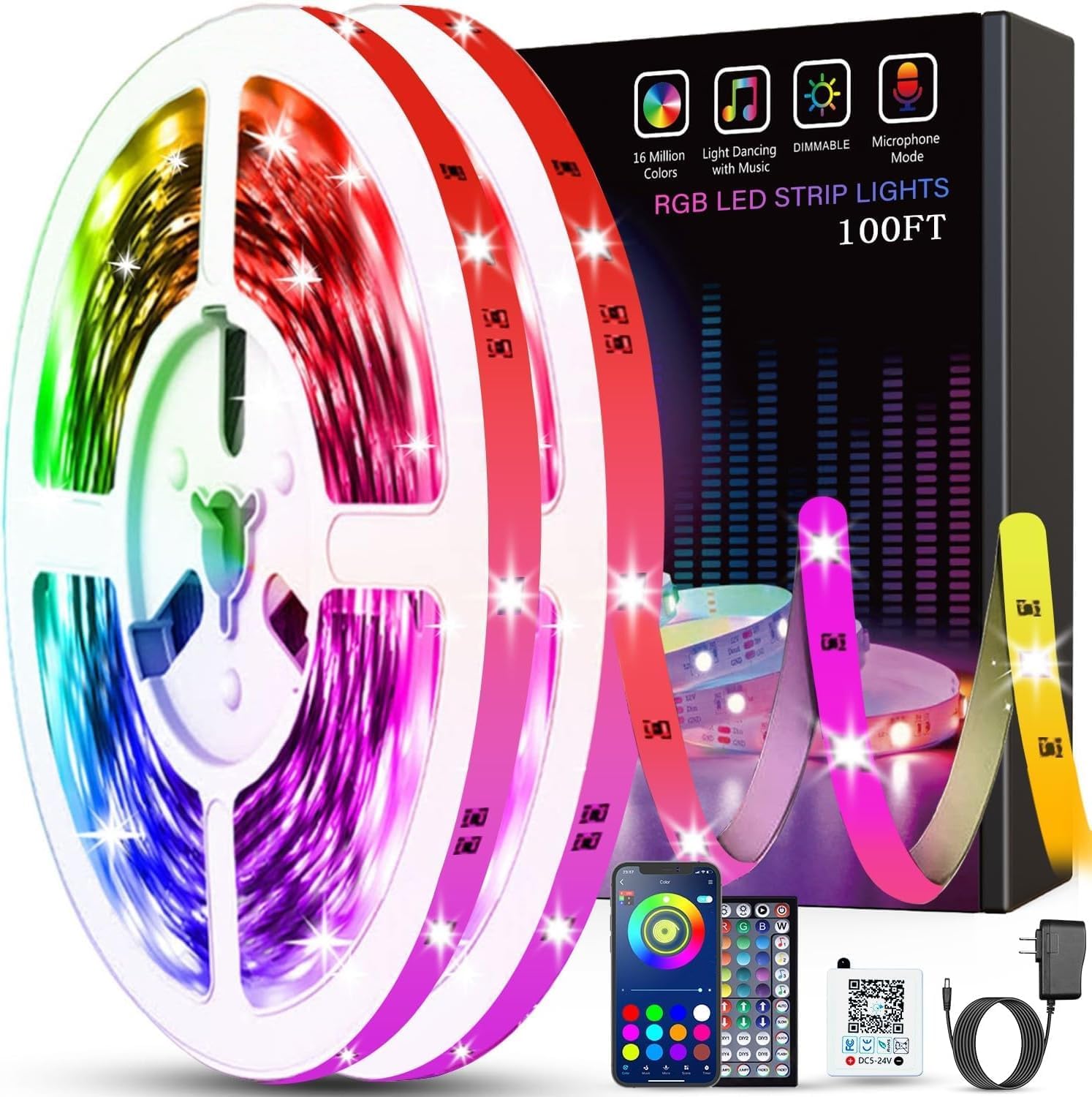 Tenmiro Led Lights for Bedroom 100ft (2 Rolls of 50ft) Music Sync Color Changing...
