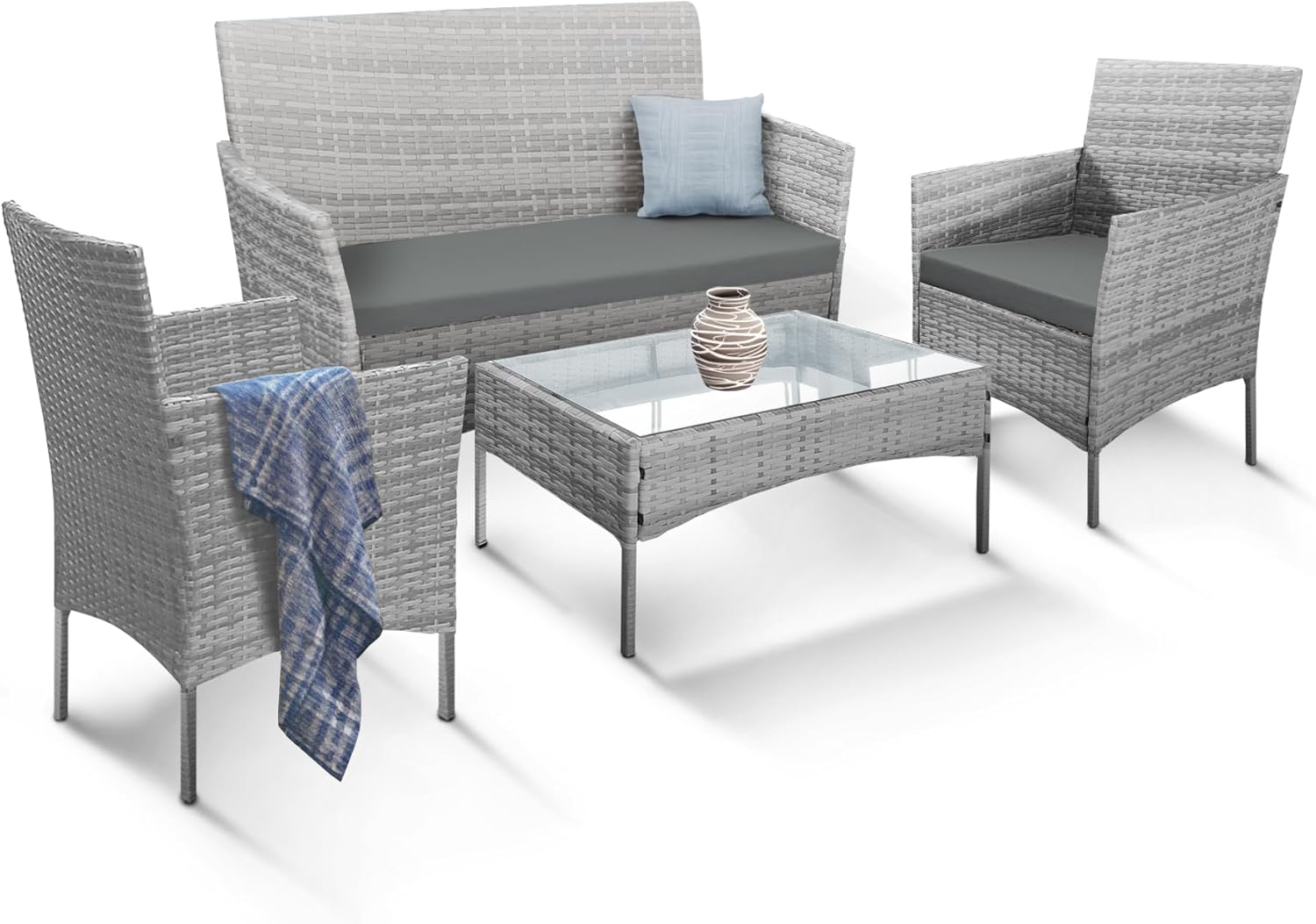 Stylish KEPLIN 4pc Rattan Garden Furniture Set, Special Outdoor Lounger Sofa, Co...