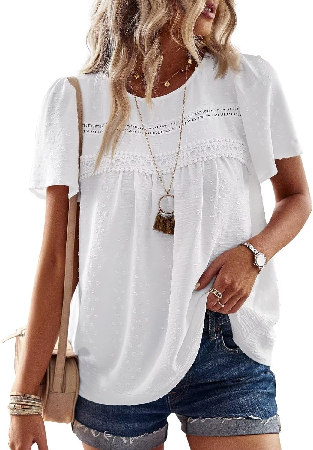 Womens Summer Tops Crewneck Short Sleeve Shirts Casual Chiffon Blouses Flowy Lac...