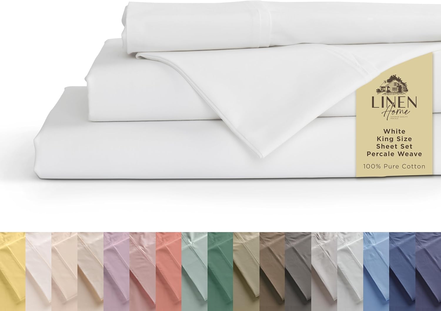 Linen Home 100% Cotton Percale Sheets King Size, White, Deep Pocket, 4 Pieces Se...