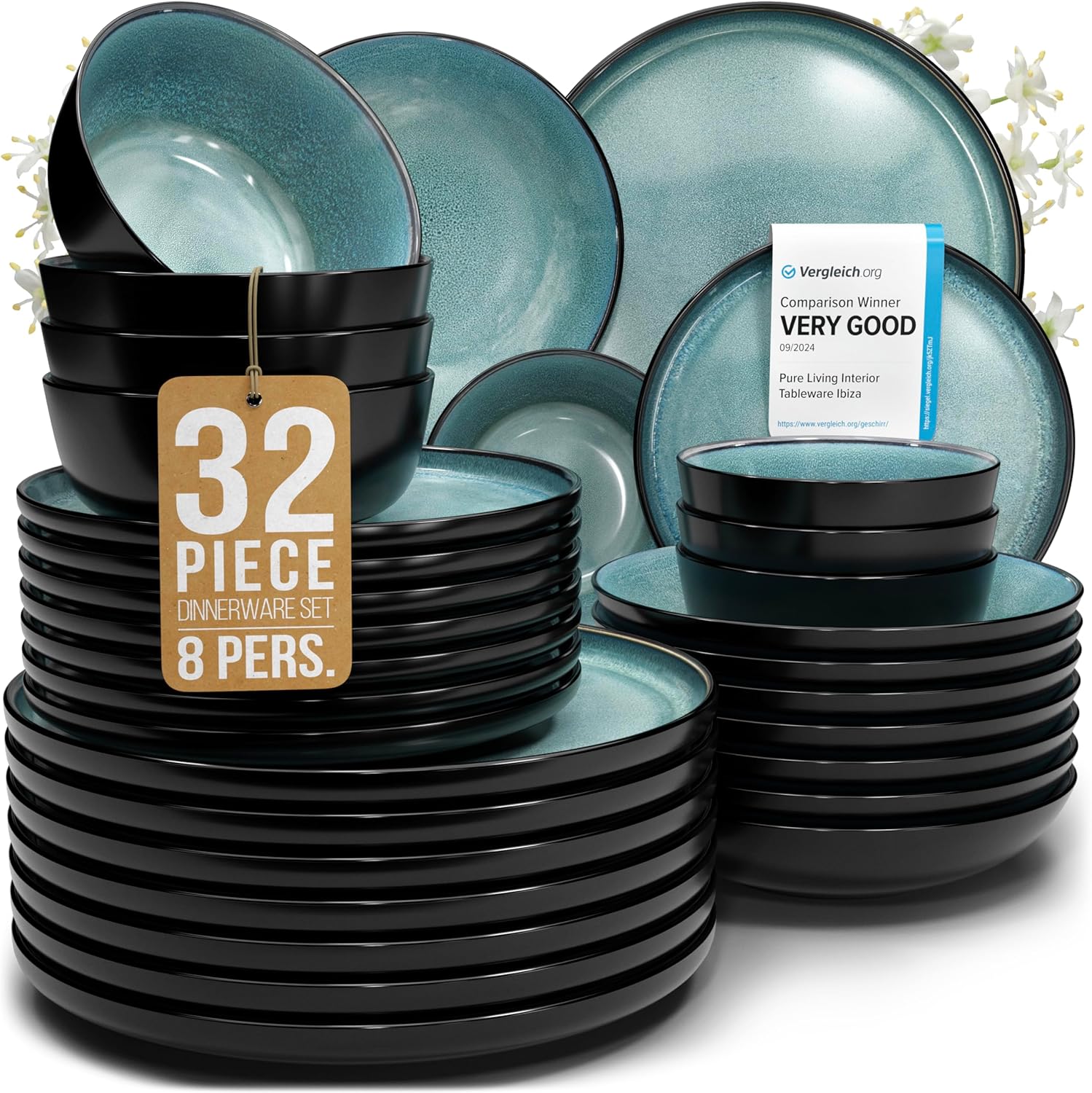 32 Piece Dinnerware Set, Modern Style Stoneware Dinnerware Set for 8, Scratch Re...