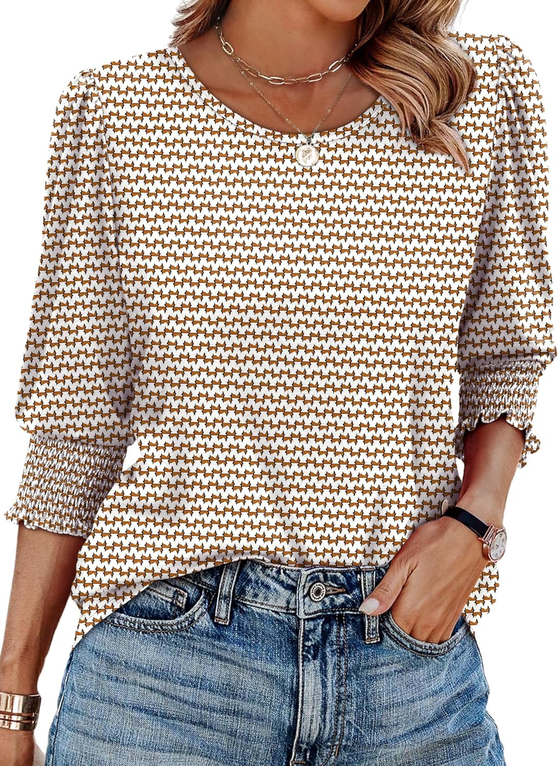 XIEERDUO Blouses for Women Dressy Casual 3/4 Length Sleeve Womens Tops with Smoc...