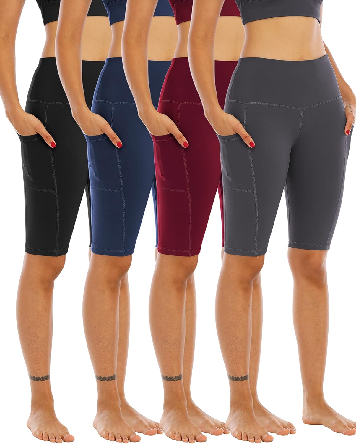 WHOUARE 4 Pack Biker Yoga Shorts with Pockets for Women,High Waisted Athletic Ru...