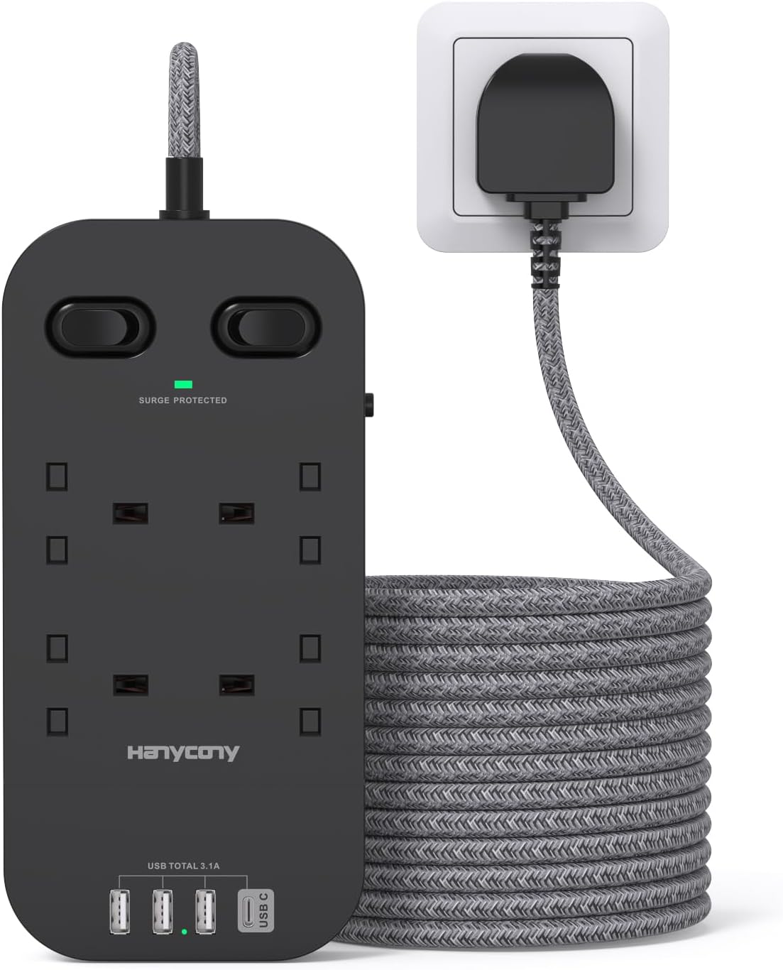 Special HANYCONY Black Extension Lead, High-Quality Extension Cord with 4 Outlet...