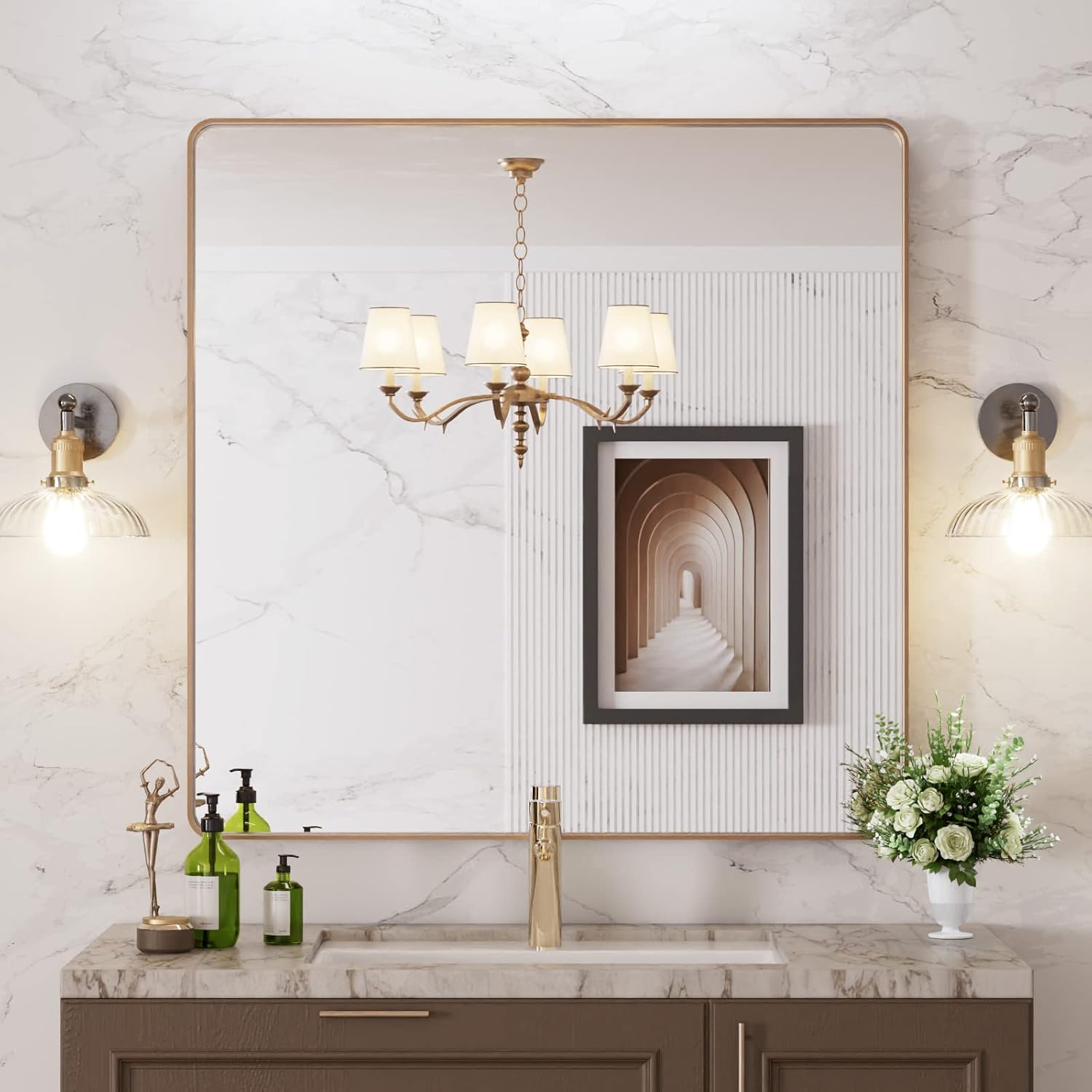LOAAO Gold Bathroom Mirror, Unique Rounded Rectangle Gold Frame Mirror, Special...