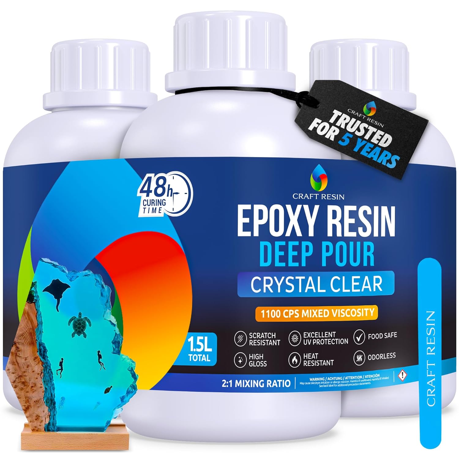CRAFT RESIN 1.5L Crystal Clear Deep Pour Epoxy Resin Kit - Food Safe & UV Resist...