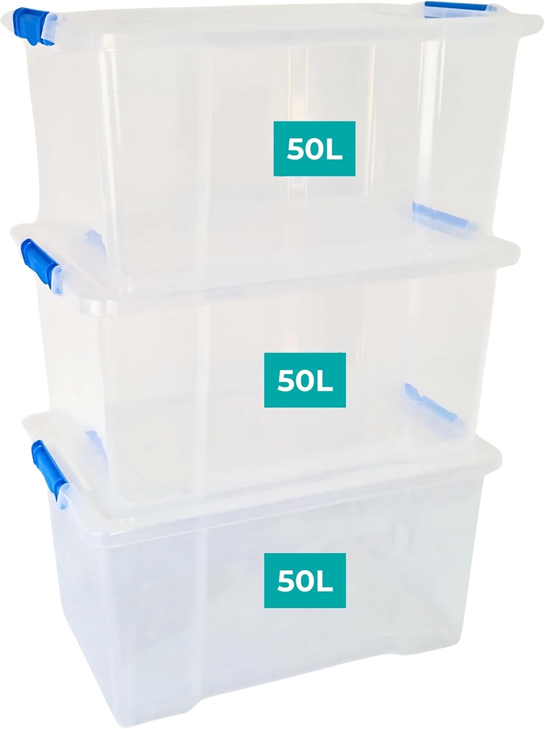 Klass Home Collection 3 x 50 Litre Storage Boxes with Lids Set of 3, Clip-Lock L...