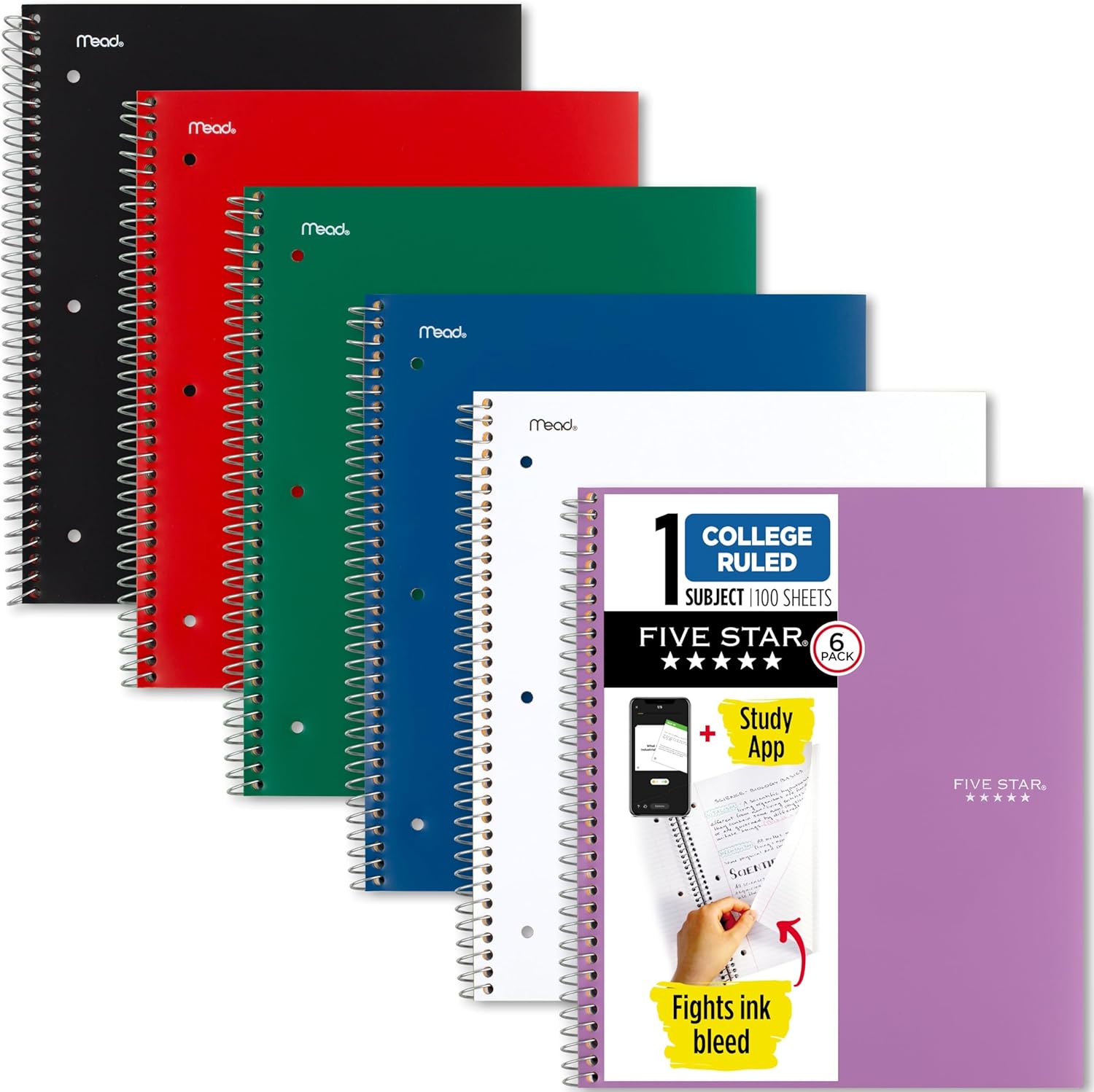 Five Star Spiral Notebook + Study App, 6 Pack, 1 Subject, College Ruled Paper, 8...