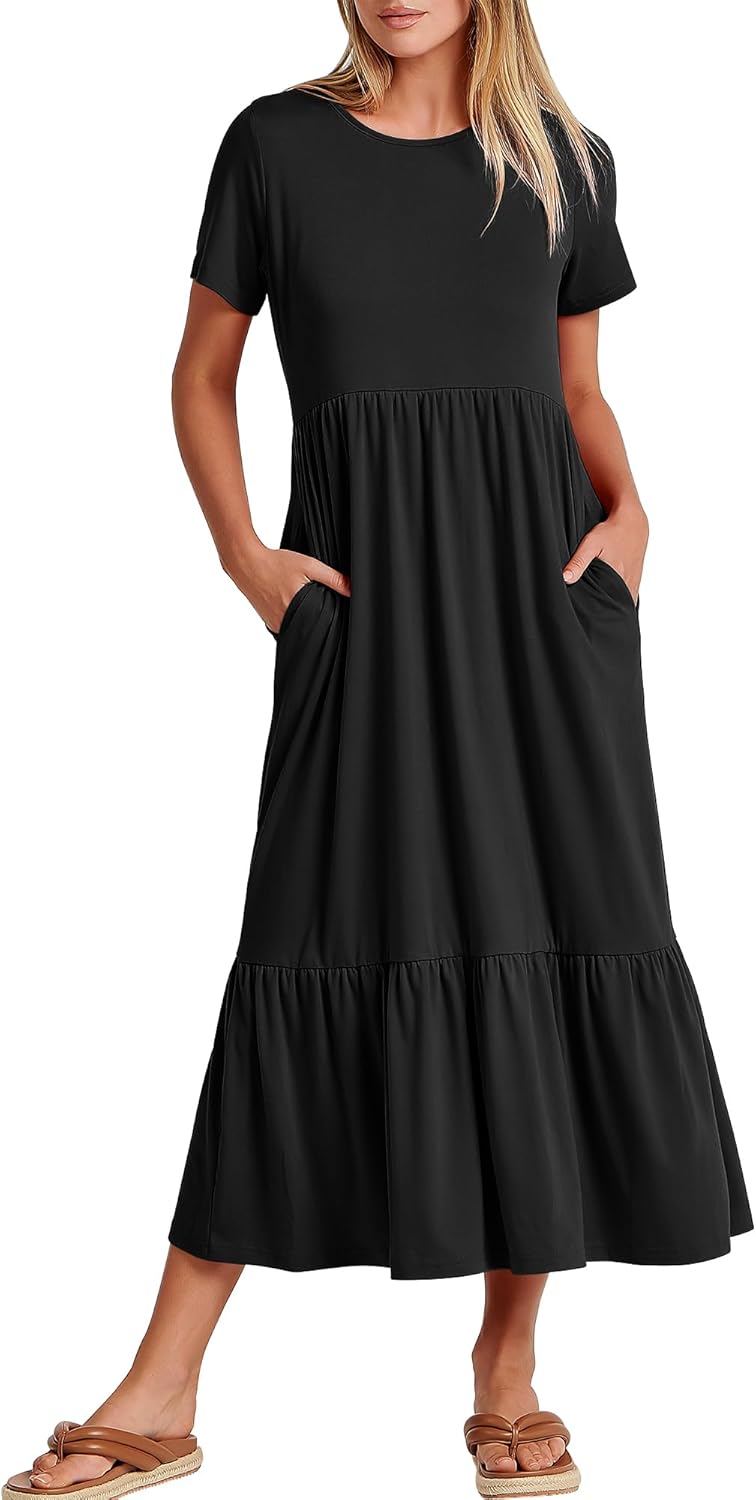 ANRABESS Womens 2025 Summer Casual Maxi Dress A line Tiered Flowy Short Sleeve C...