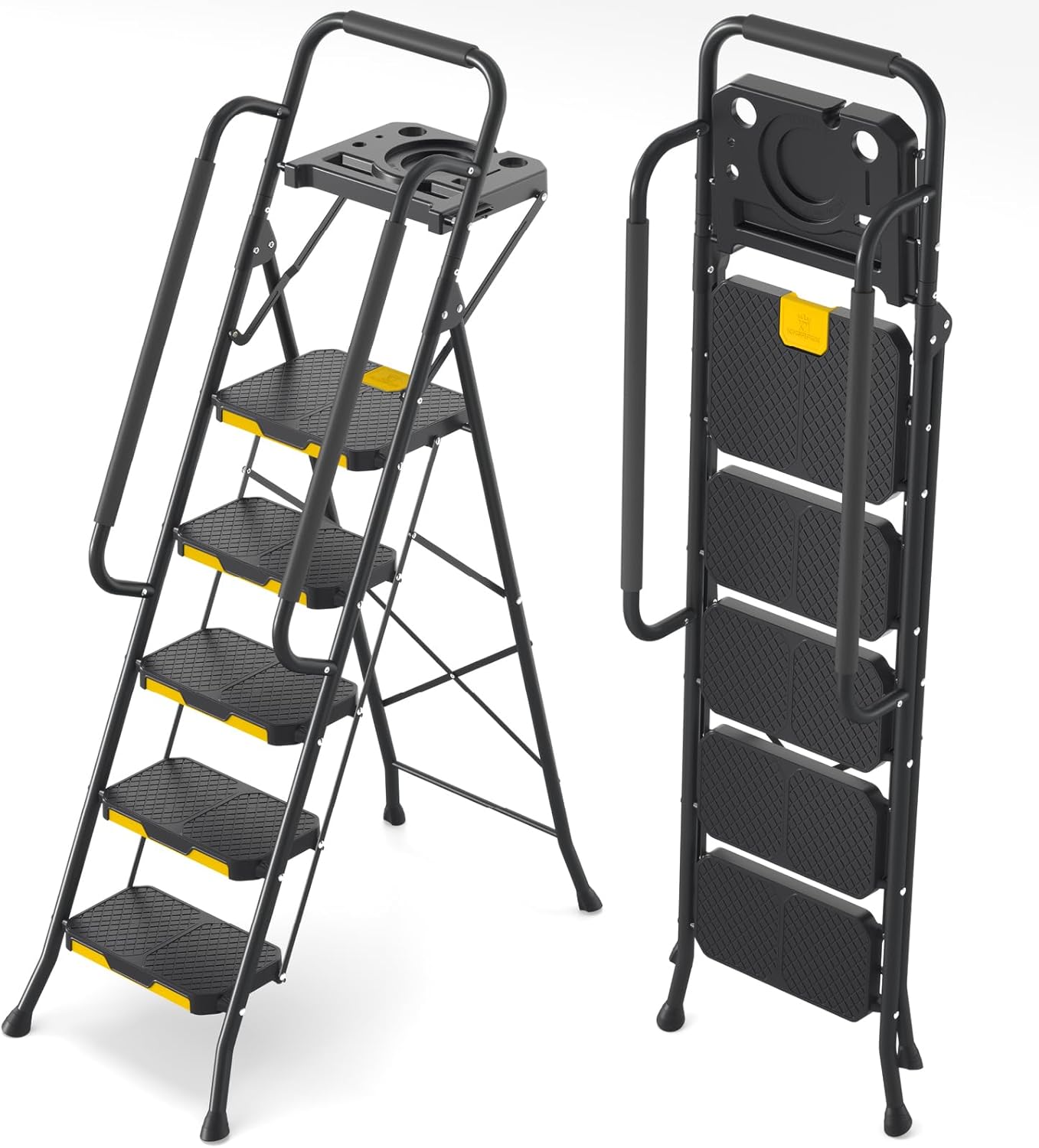 KINGRACK 5 Step Ladder, Step Ladder 5 Step Folding with Tool Tray and Safety Han...