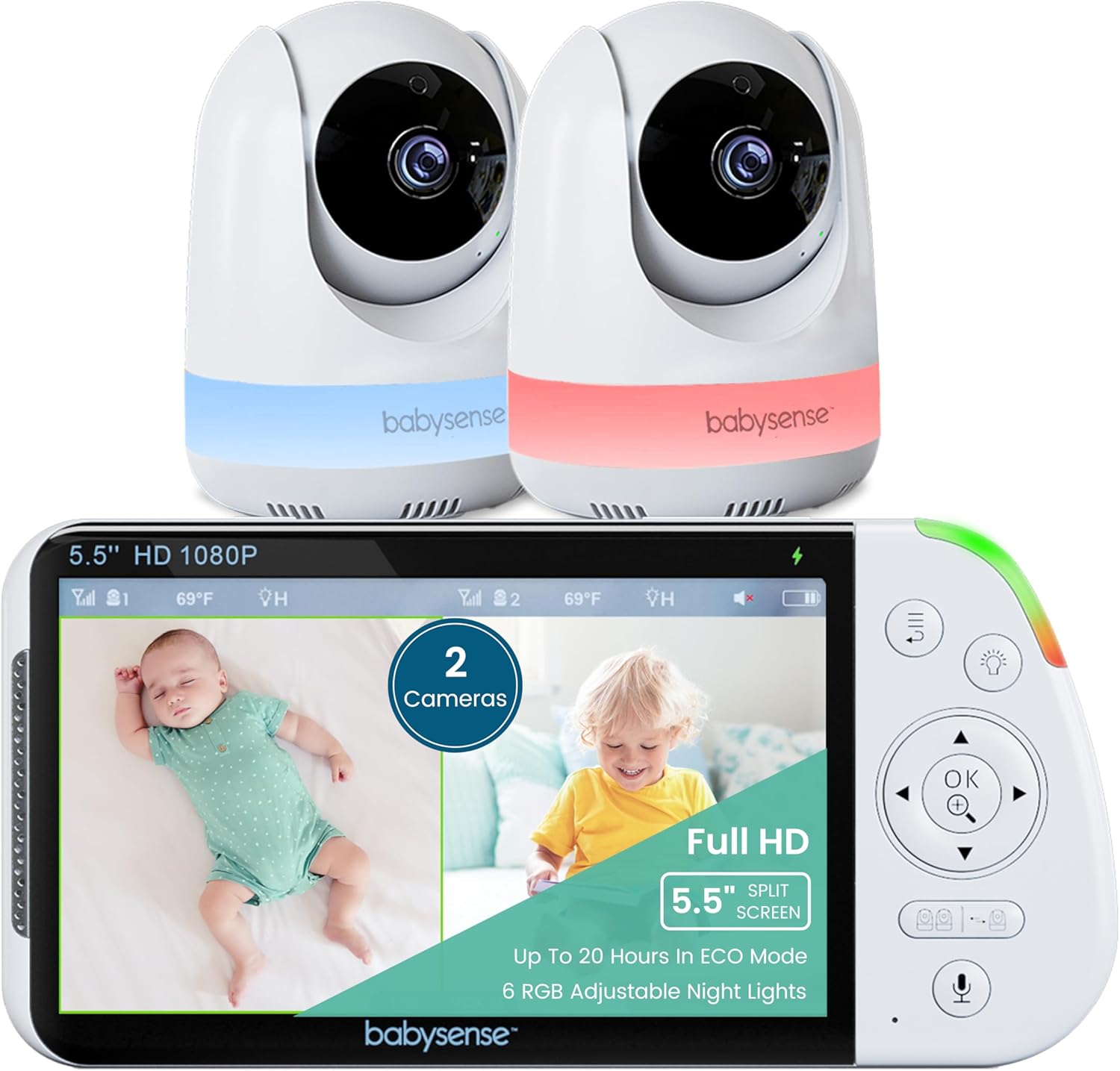 Babysense 5.5” 1080p Full HD Split-Screen Baby Monitor, Video Baby Monitor with...