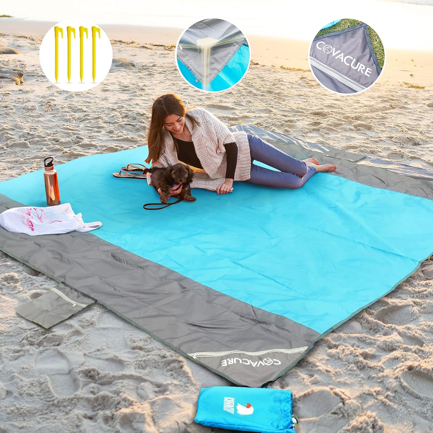 High-Quality COVACURE Beach Blanket, Special Extra Large Blanket Mat with 3 Zipp...