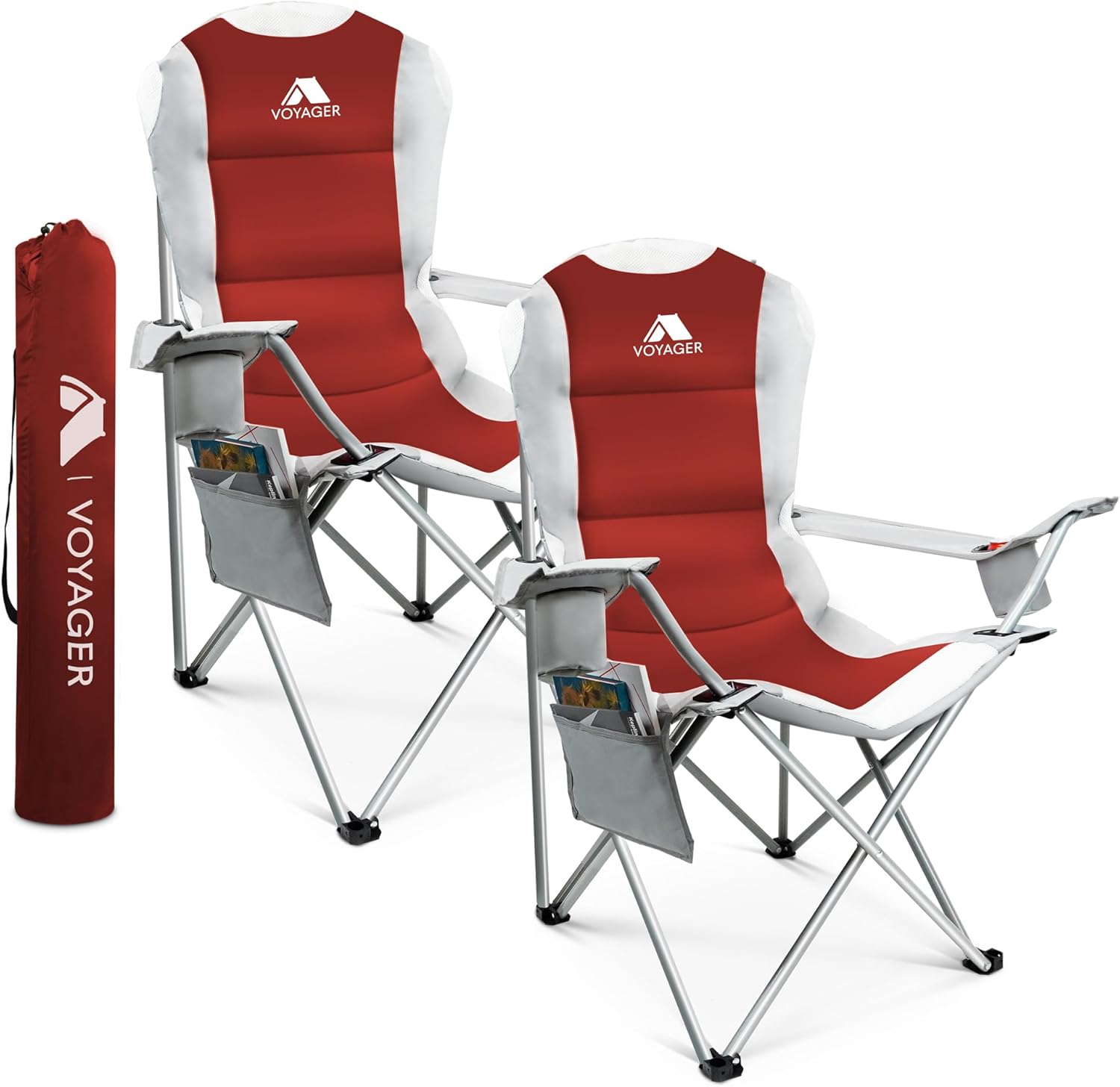 Voyager Set Of 2 Premium Padded Camping Chairs Lightweight & Foldable with Cup H...