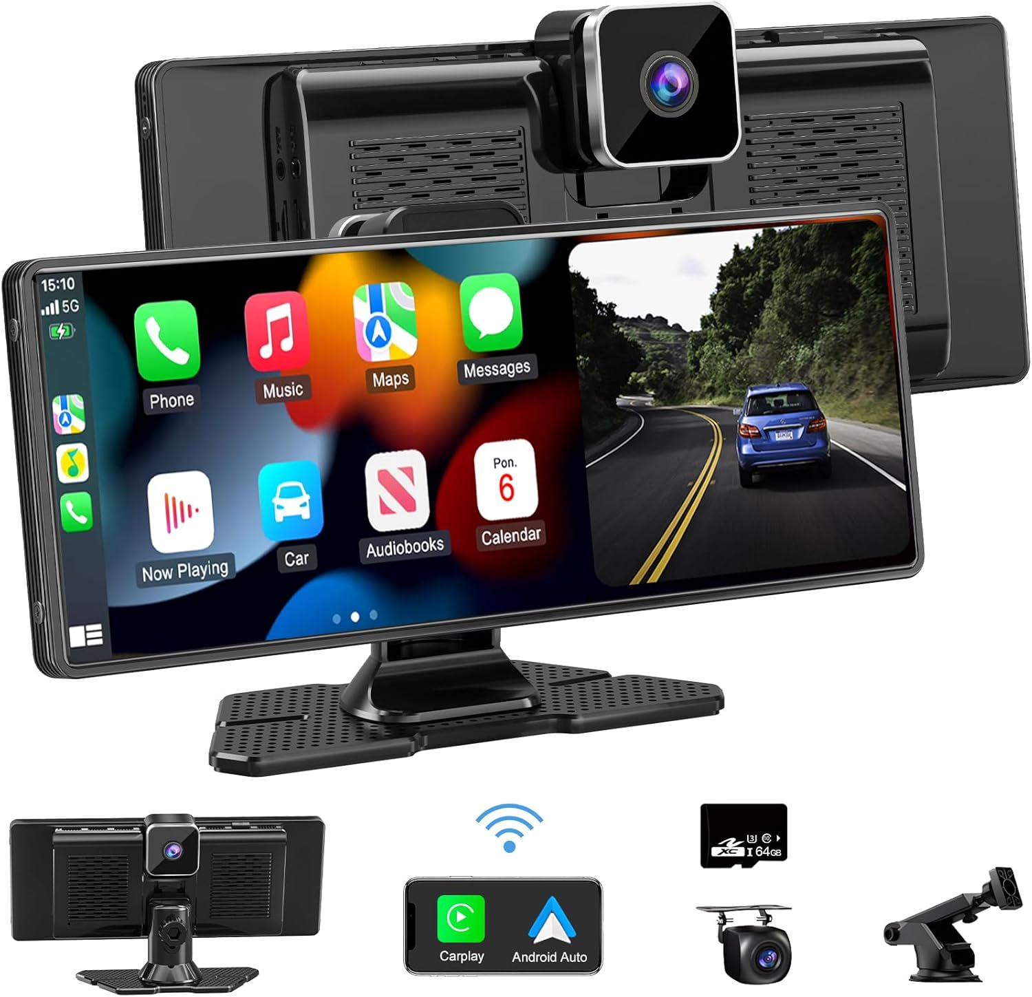 Wireless Car Stereo for Apple Car Play Android Auto with 4K Dash Cam Front, 10.2...