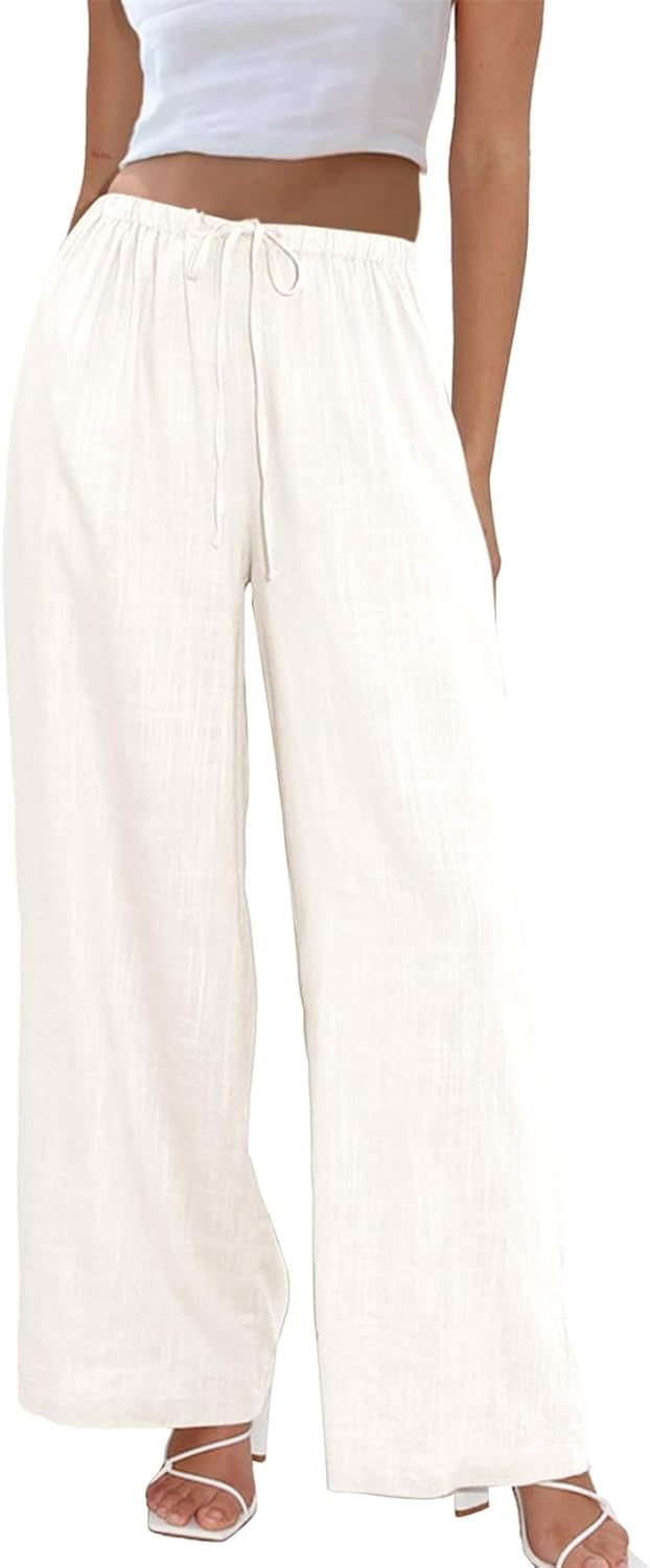 Duyang Womens Cotton Linen Palazzo Pants Drawstring Elastic Waist Casual Wide Le...
