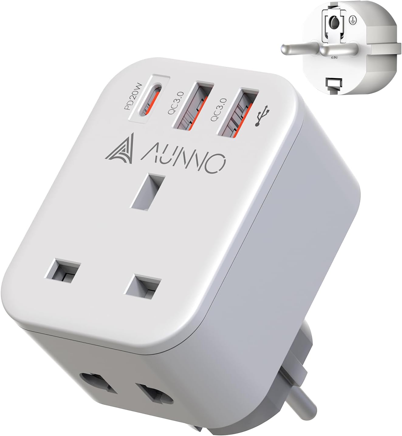 AUNNO UK to European Plug Adapter, PD 20W Fast Charging Grounded European Adapte...