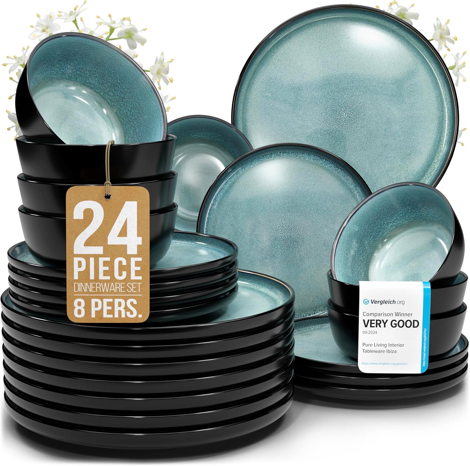 24 Piece Dinnerware Sets for 8 - Modern Style Stoneware Dinnerware Set - Scratch...