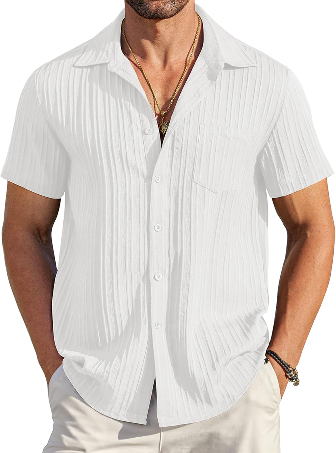 COOFANDY Men's Casual Button Down Shirts Short Sleeve Textured Summer Beach Shir...